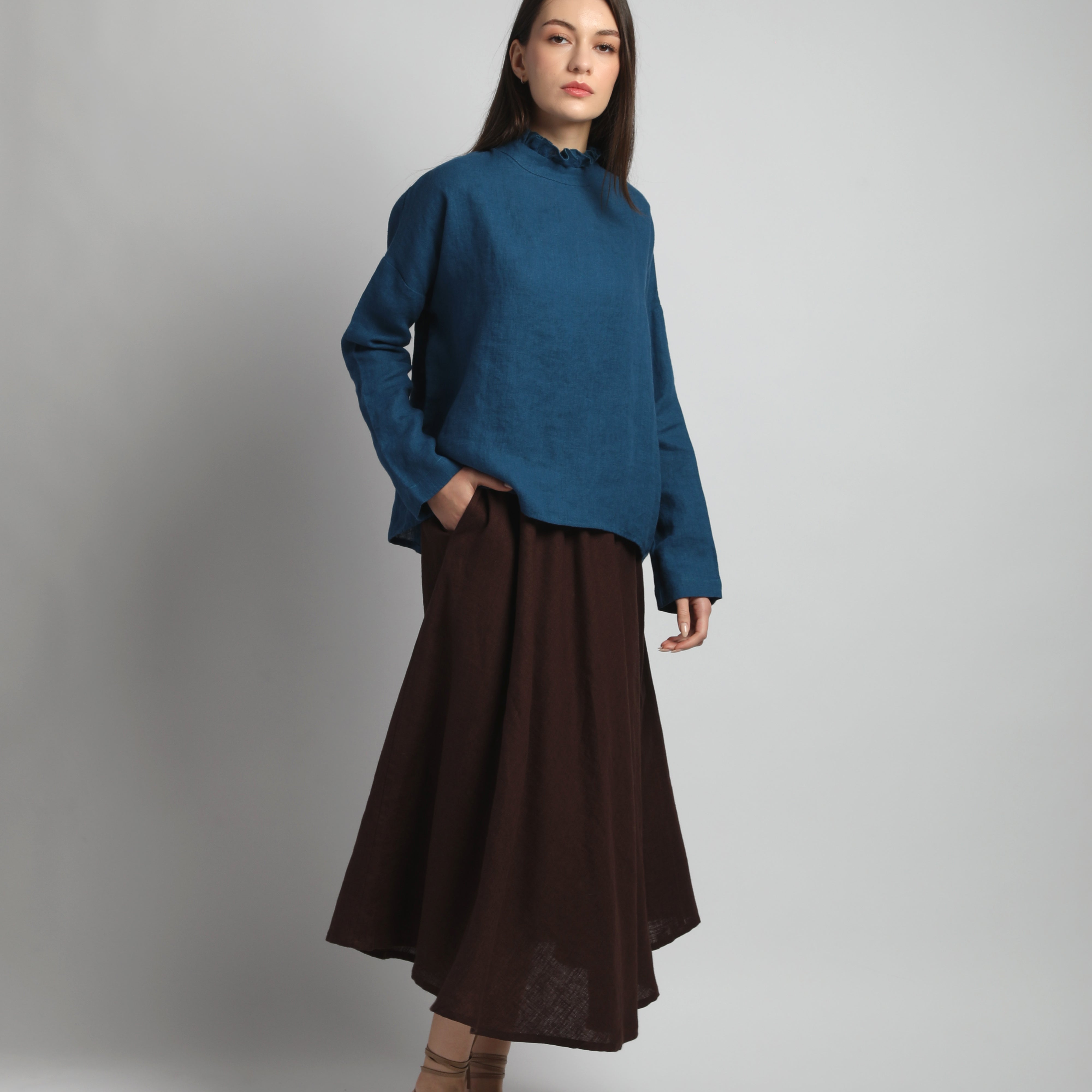 JOAN Long Sleeve Linen Blouse wiith Ruffled Neck