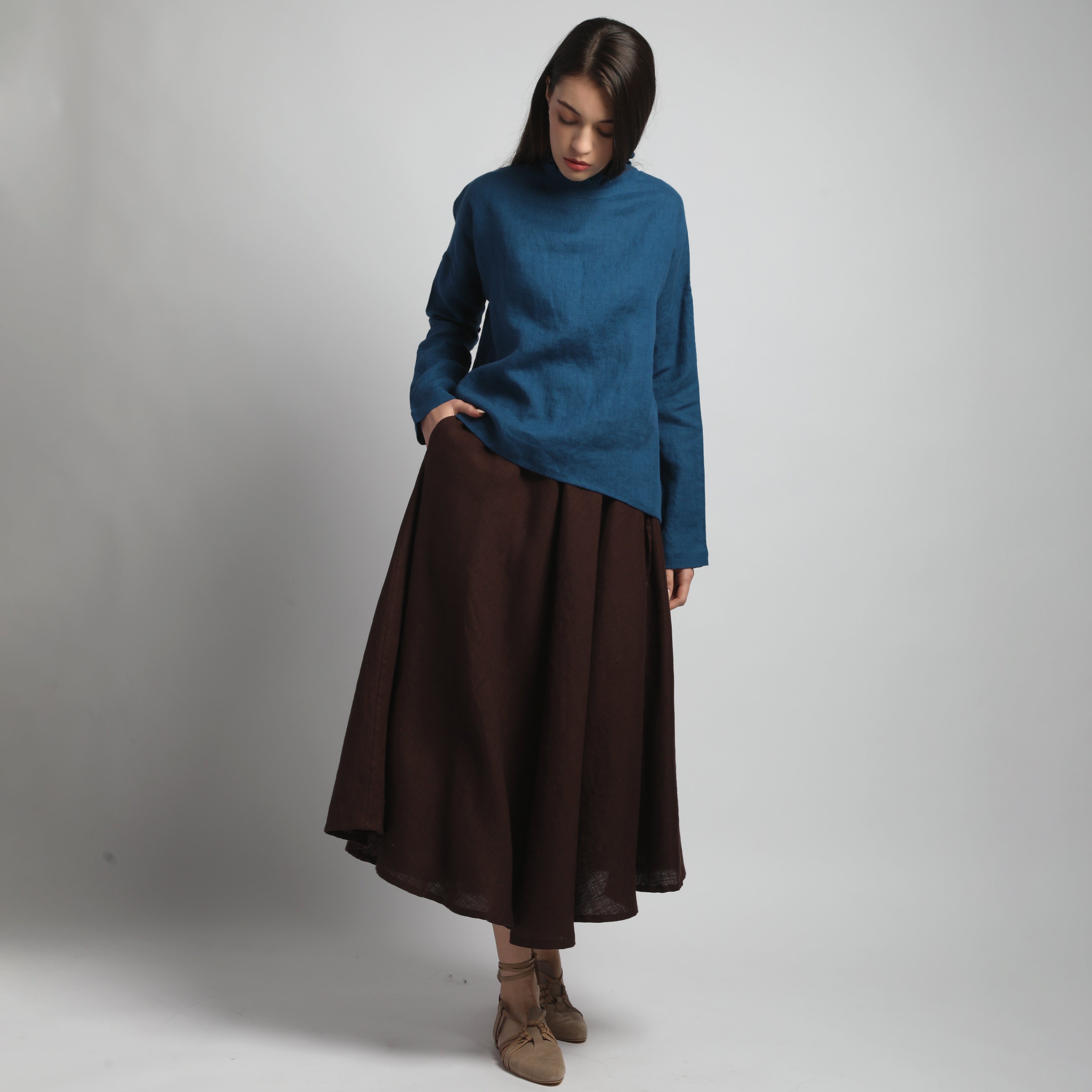 NOMADE Midi Linen Circle Skirt - Size XS, S - Color DARK CHOCOLATE