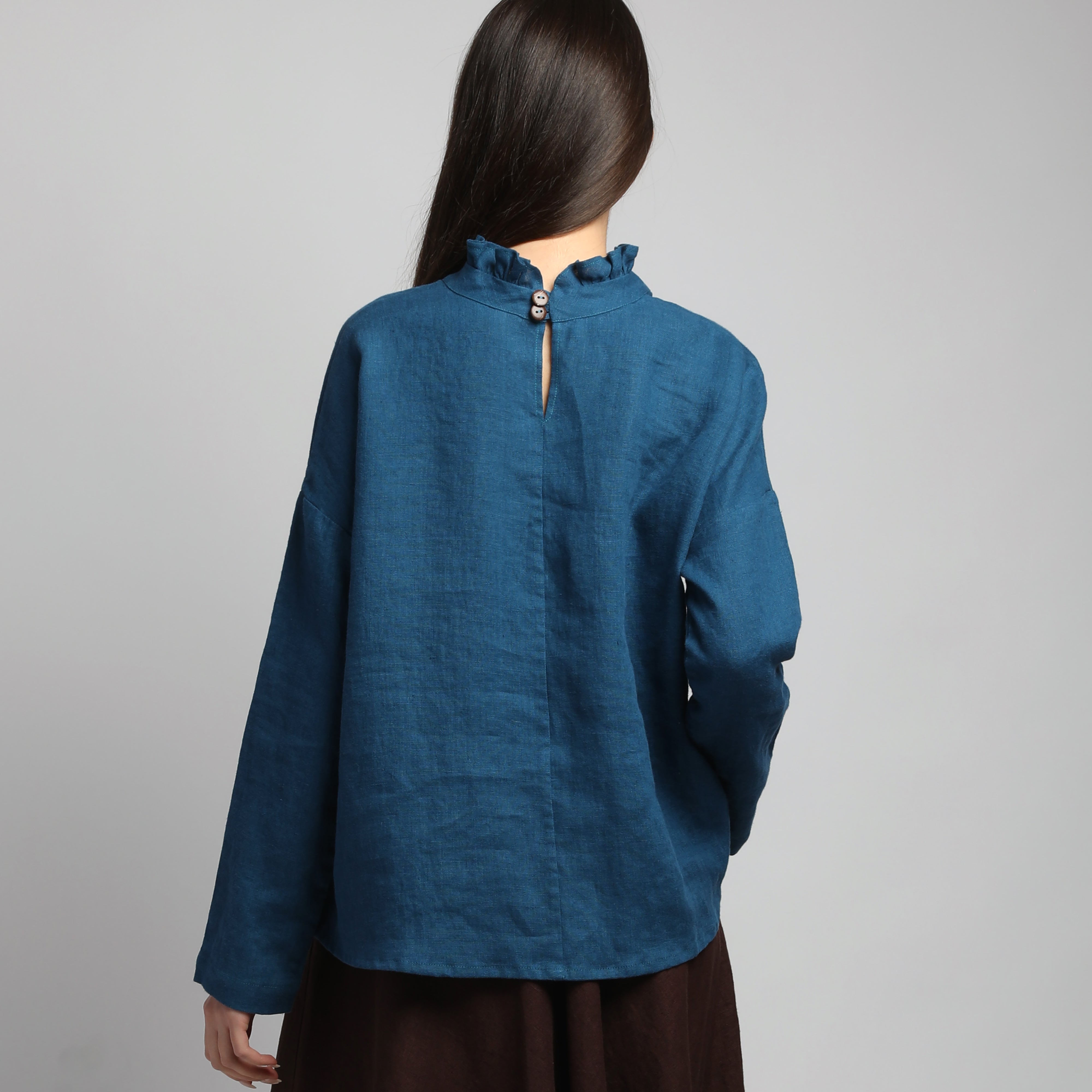 JOAN Linen Blouse wiith Ruffled Neck - Sizes XS, S - Color DEEP TURQUOISE