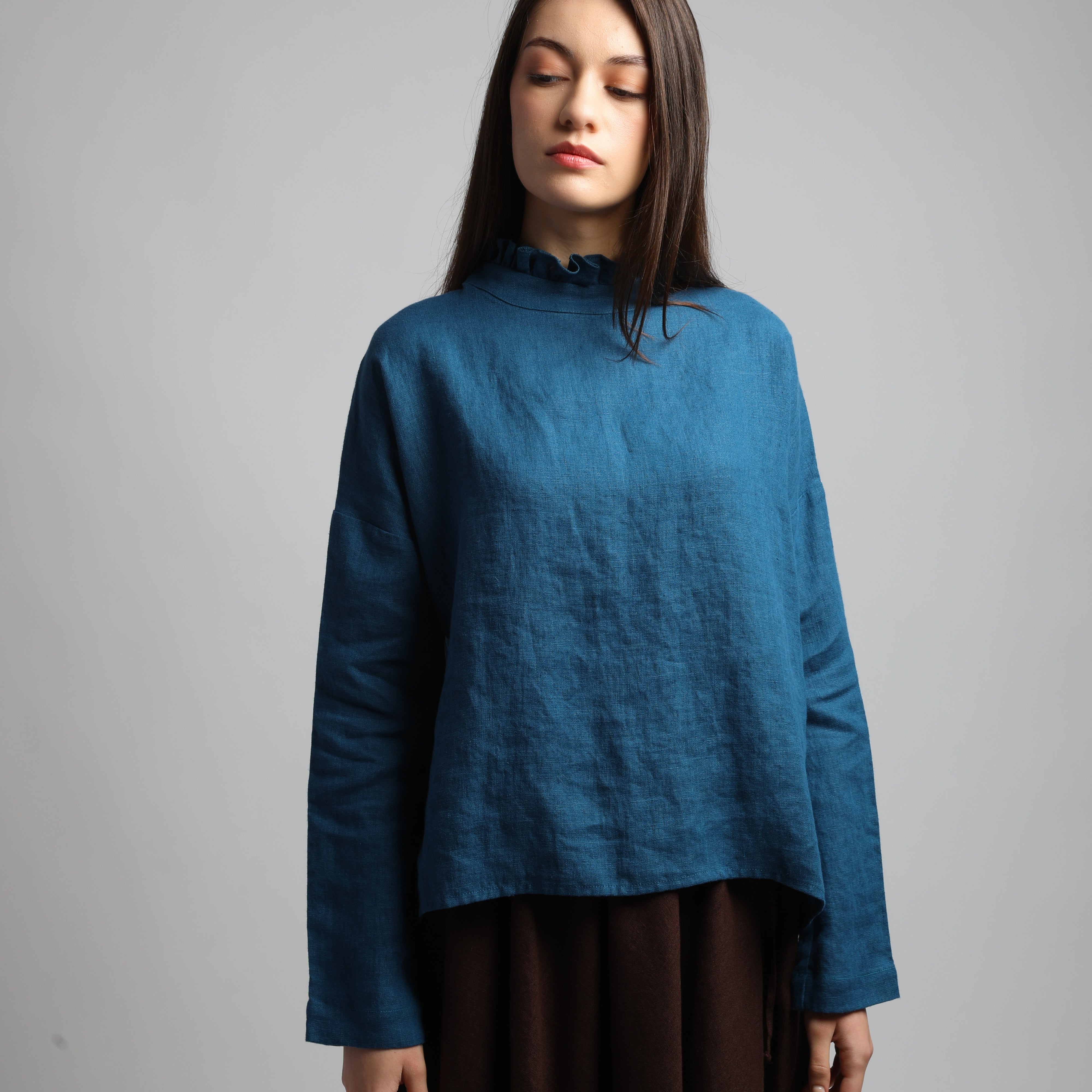 JOAN Linen Blouse wiith Ruffled Neck - Sizes XS, S - Color DEEP TURQUOISE