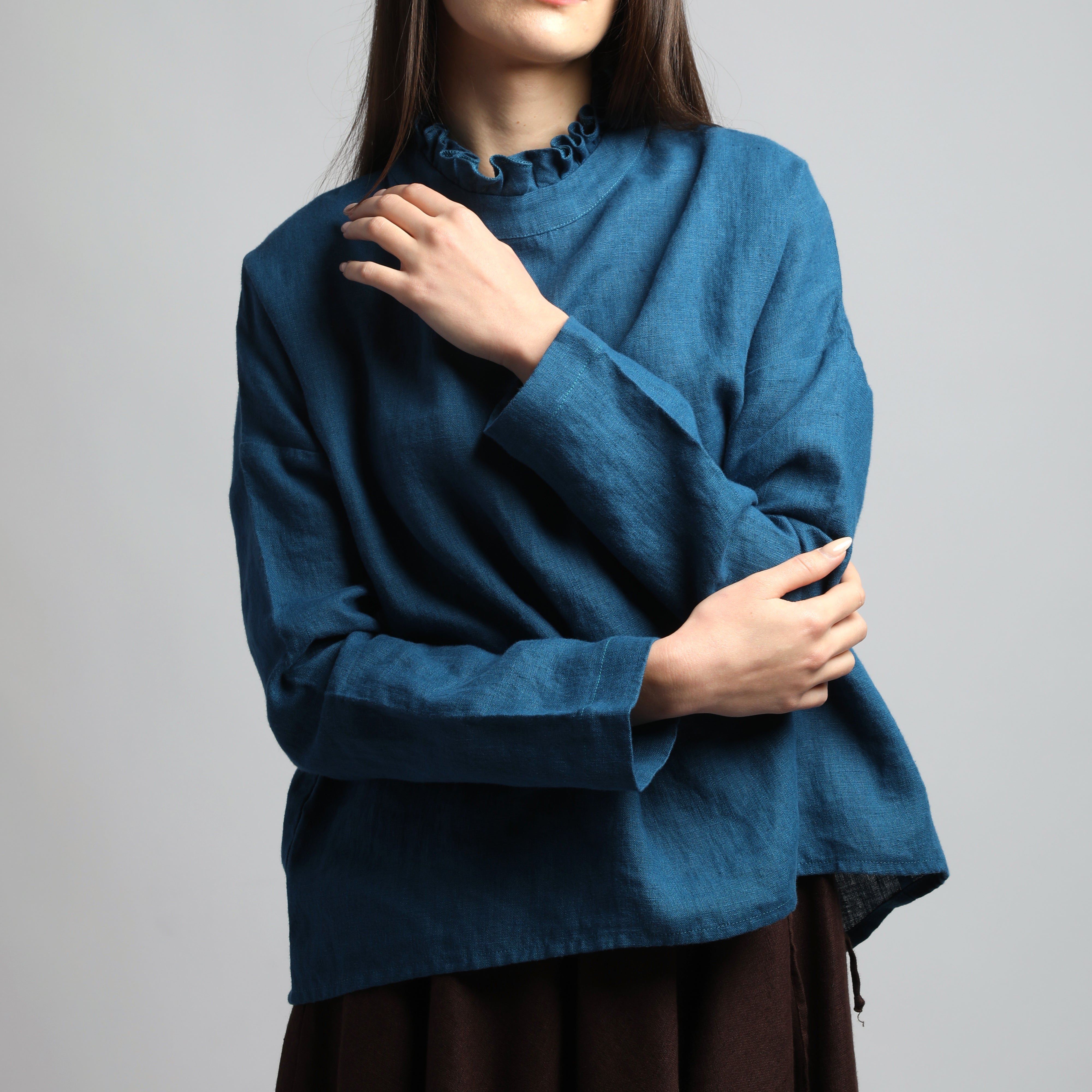 JOAN Long Sleeve Linen Blouse wiith Ruffled Neck