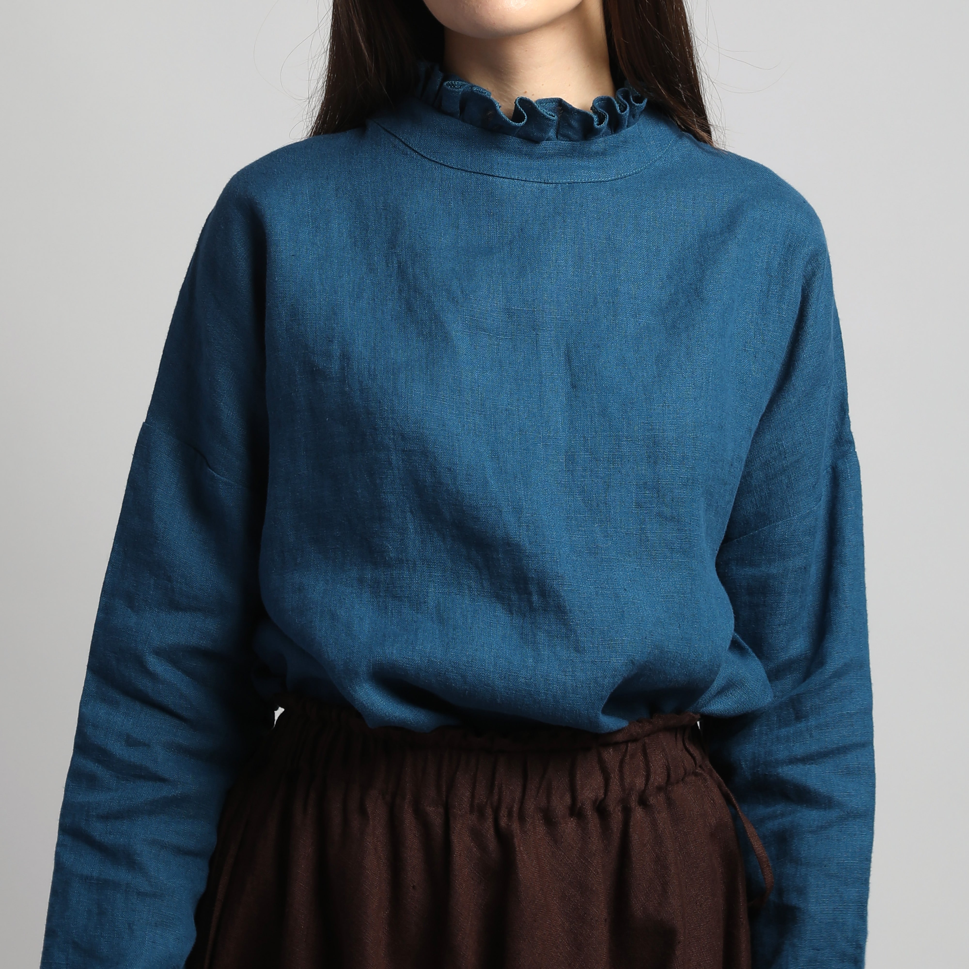 JOAN Linen Blouse wiith Ruffled Neck - Sizes XS, S - Color DEEP TURQUOISE