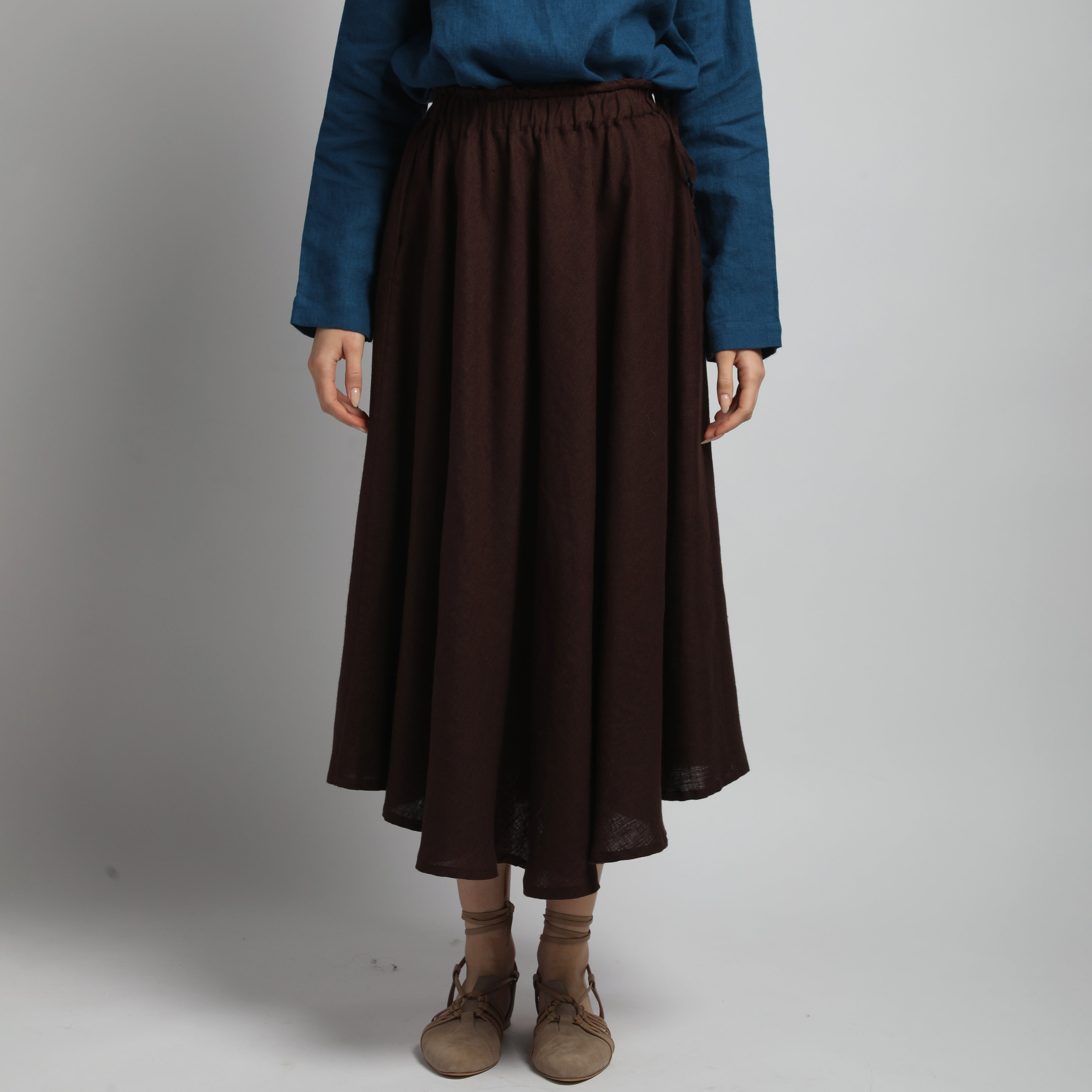 NOMADE Midi Linen Circle Skirt - Size XS, S - Color DARK CHOCOLATE