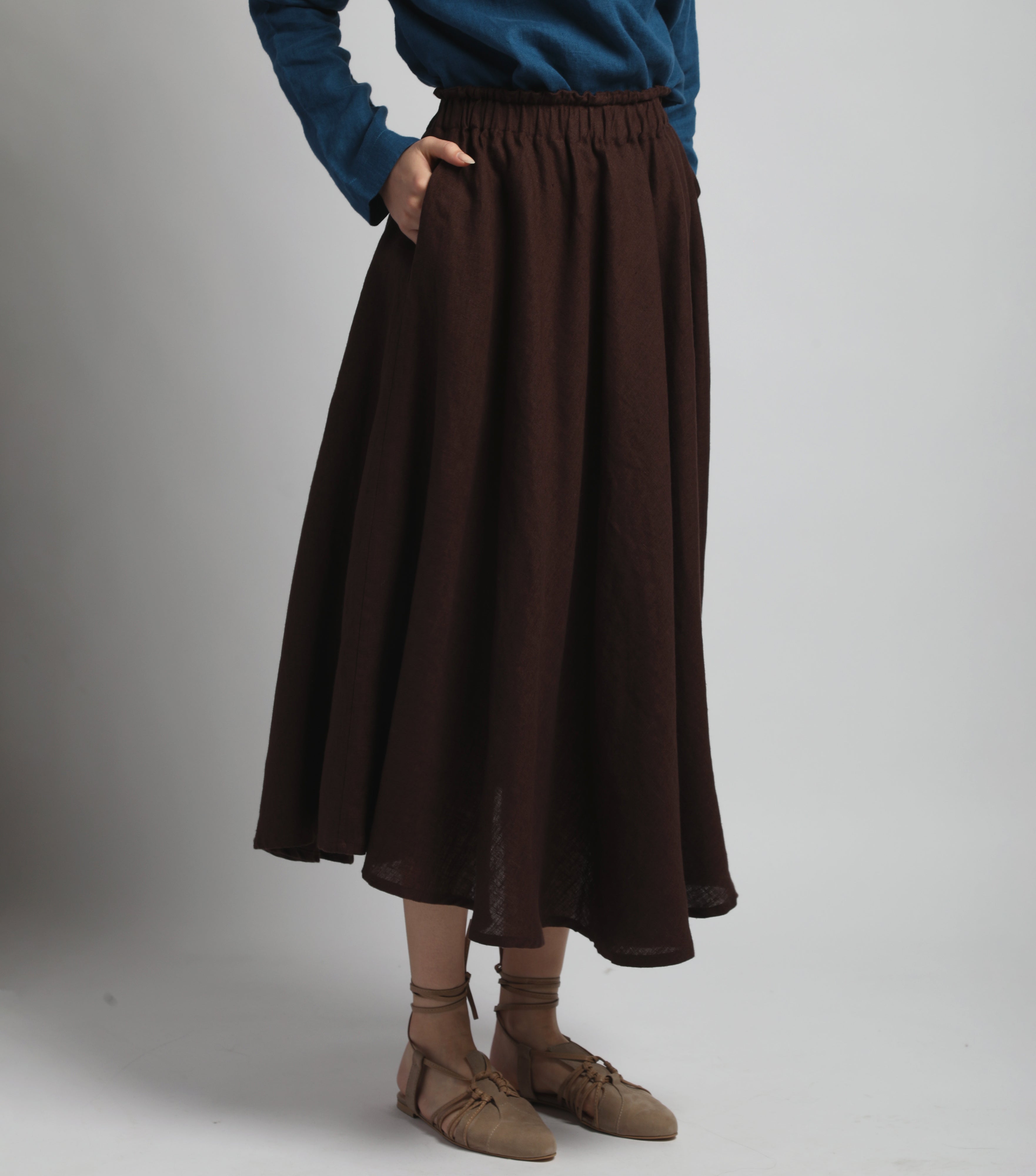 NOMADE Midi Linen Circle Skirt - Size XS, S - Color DARK CHOCOLATE