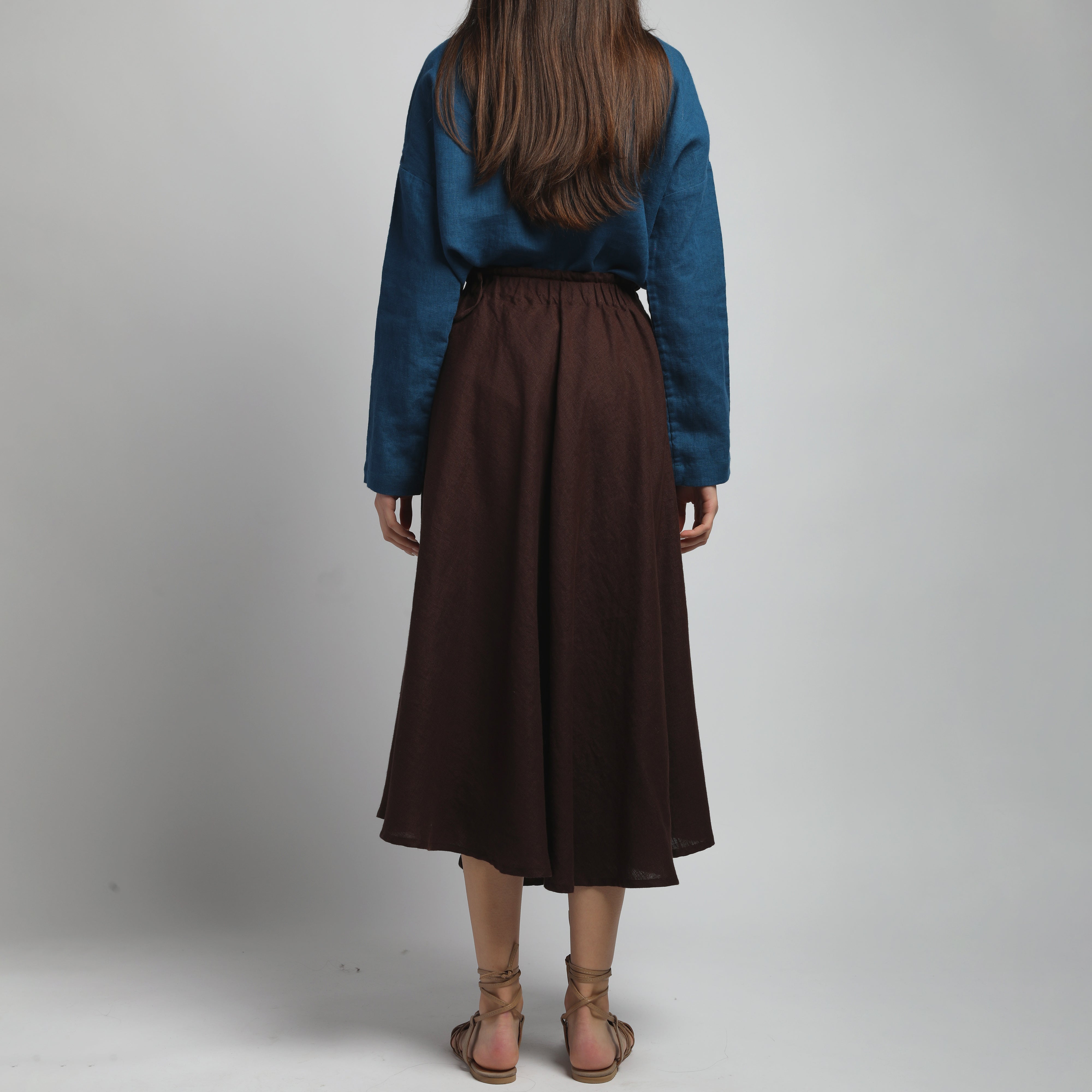 NOMADE Midi Linen Circle Skirt - Size XS, S - Color DARK CHOCOLATE