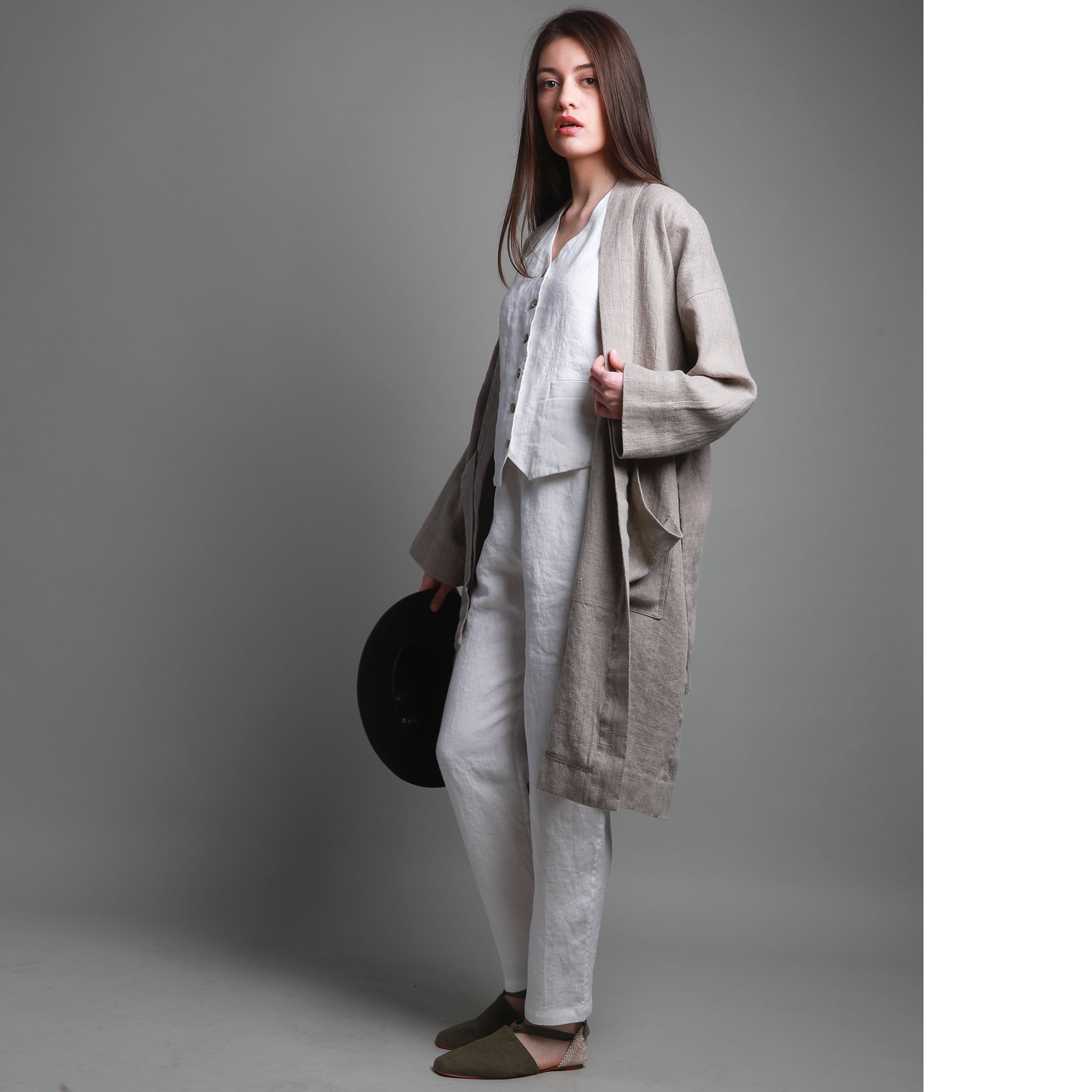 KIM Long Linen Kimono Style Cardigan, Size L, Color NATURAL HEAVY