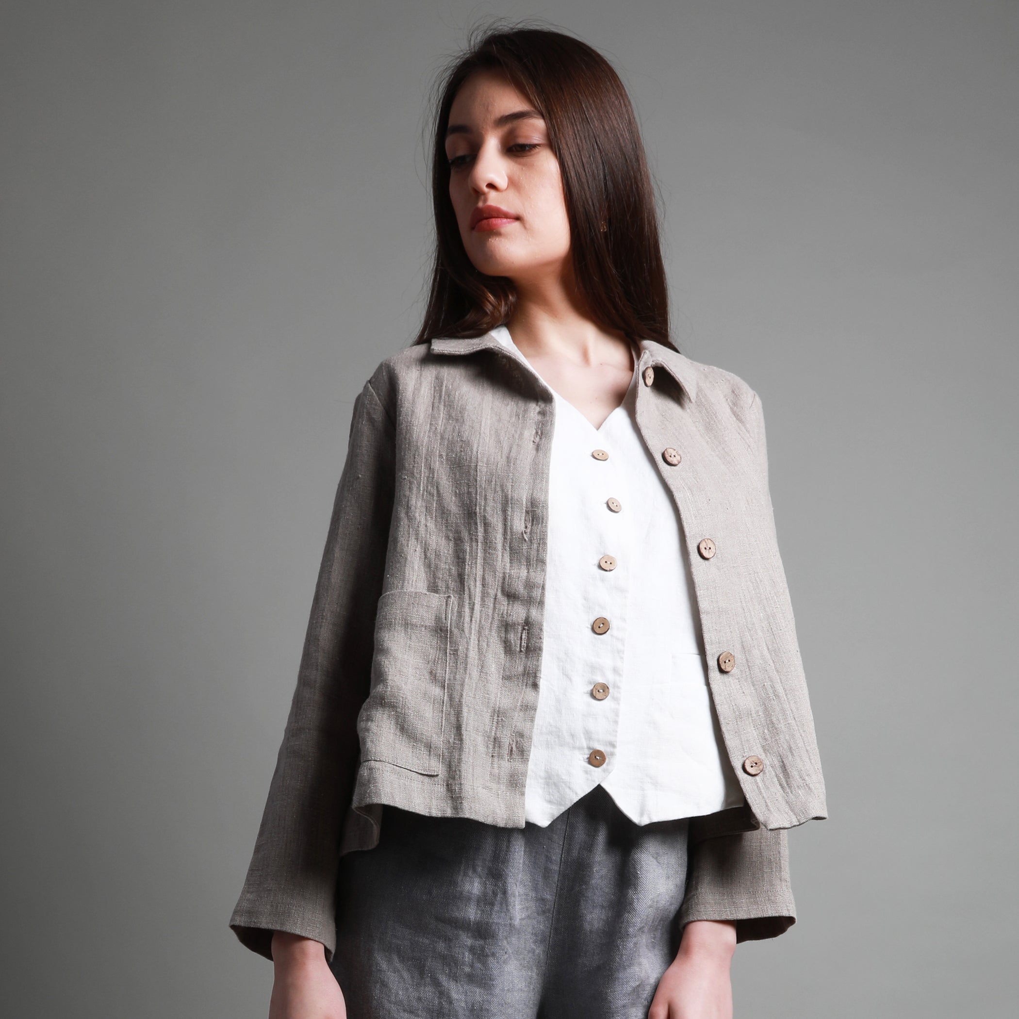 TOUJOURS Cropped Linen Cardigan, Size S, Color RED GRAPEFRUIT