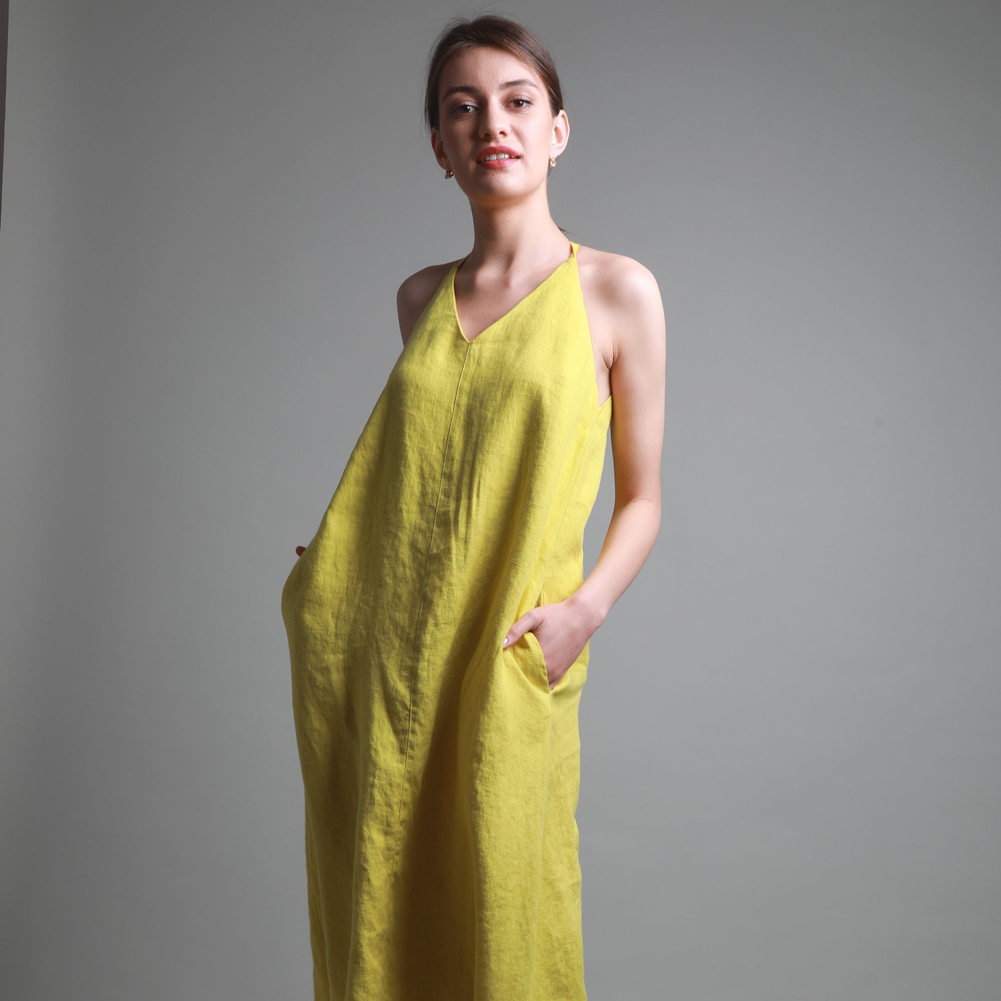 SIERRA Open Back Linen Dress, Size XS, Color LEMON YELLOW
