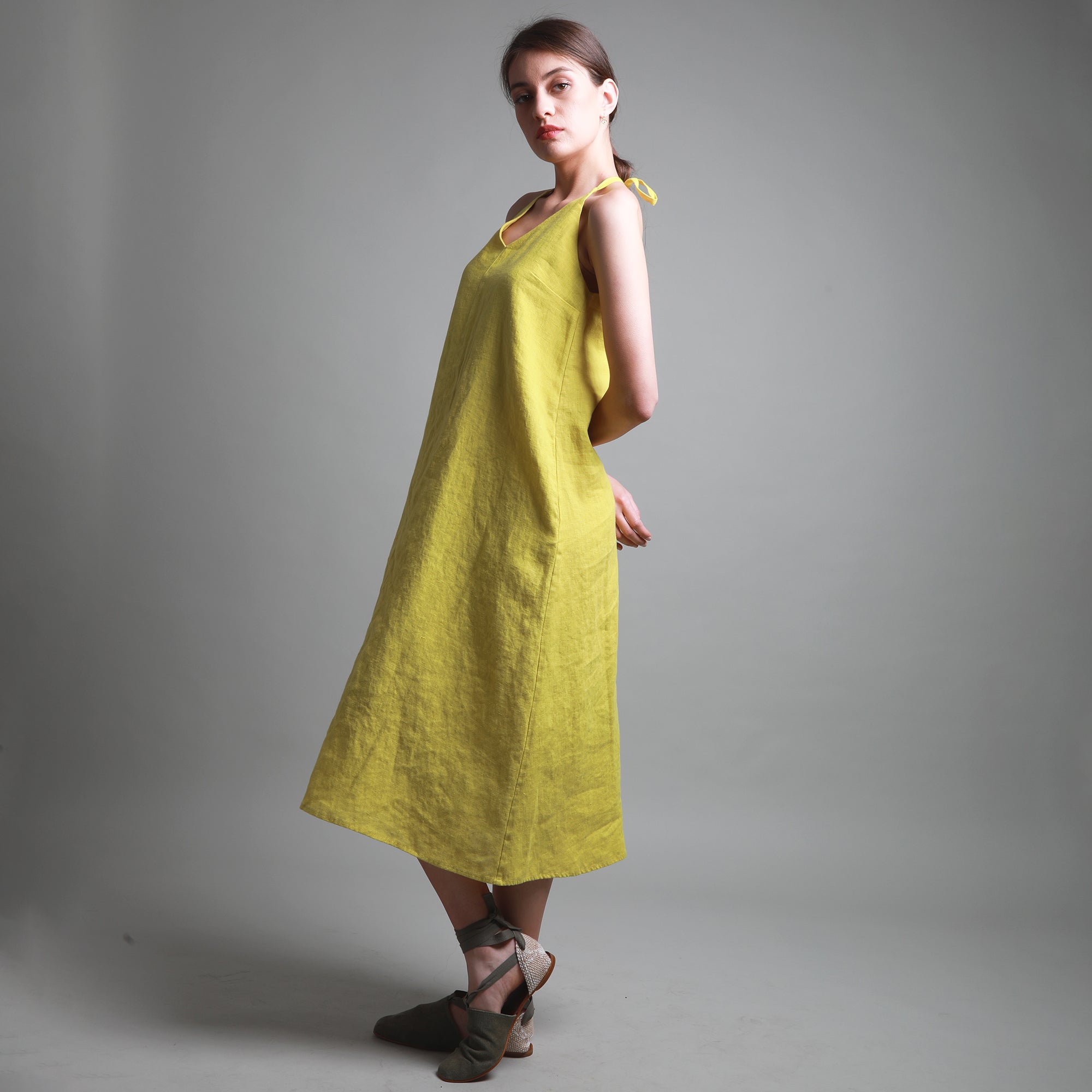 SIERRA Open Back Linen Dress, Size XS, Color LEMON YELLOW