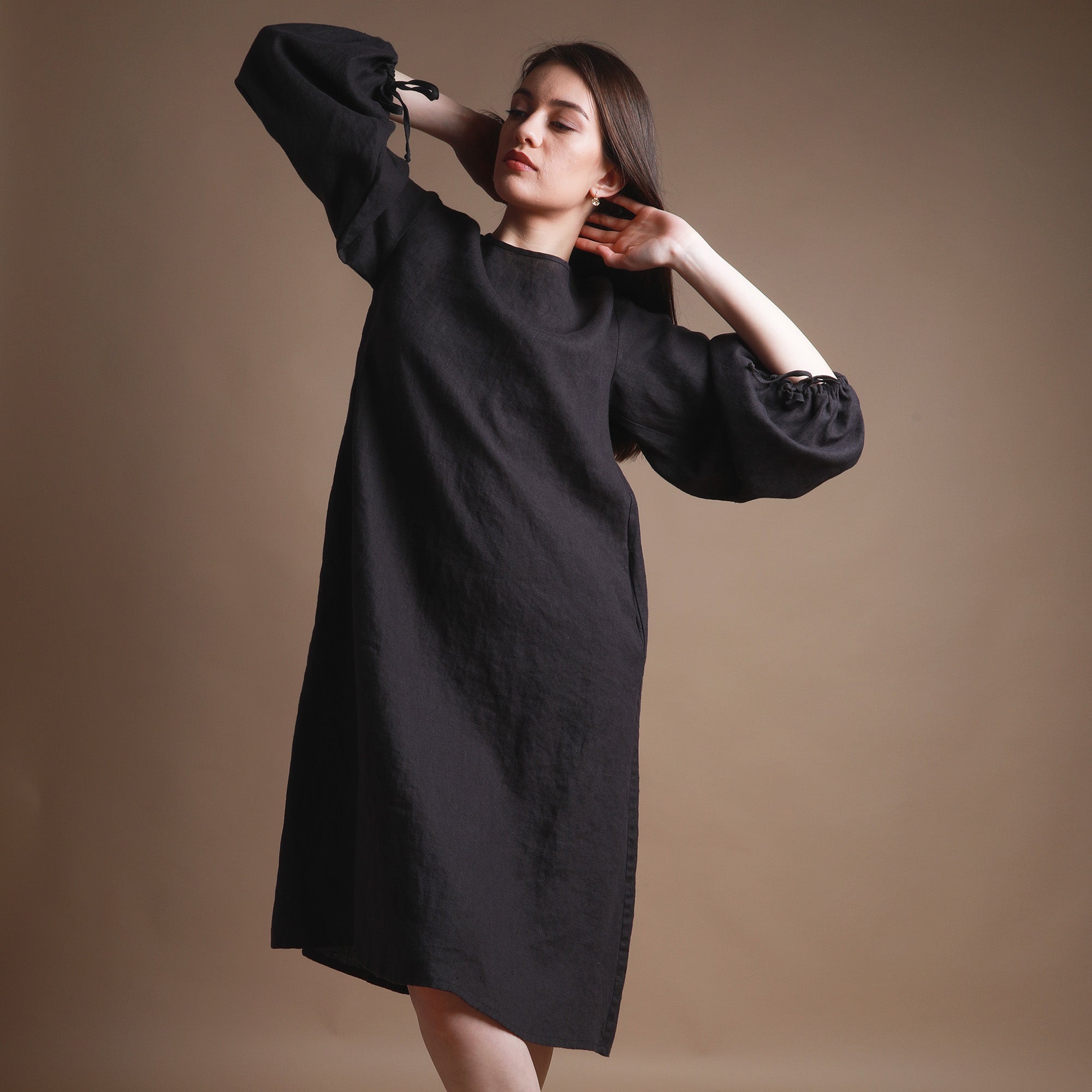 YELLO Loose Puff Sleeve Midi Linen Dress - Size XS - Colors EGGPLANT and GRAYISH GREEN