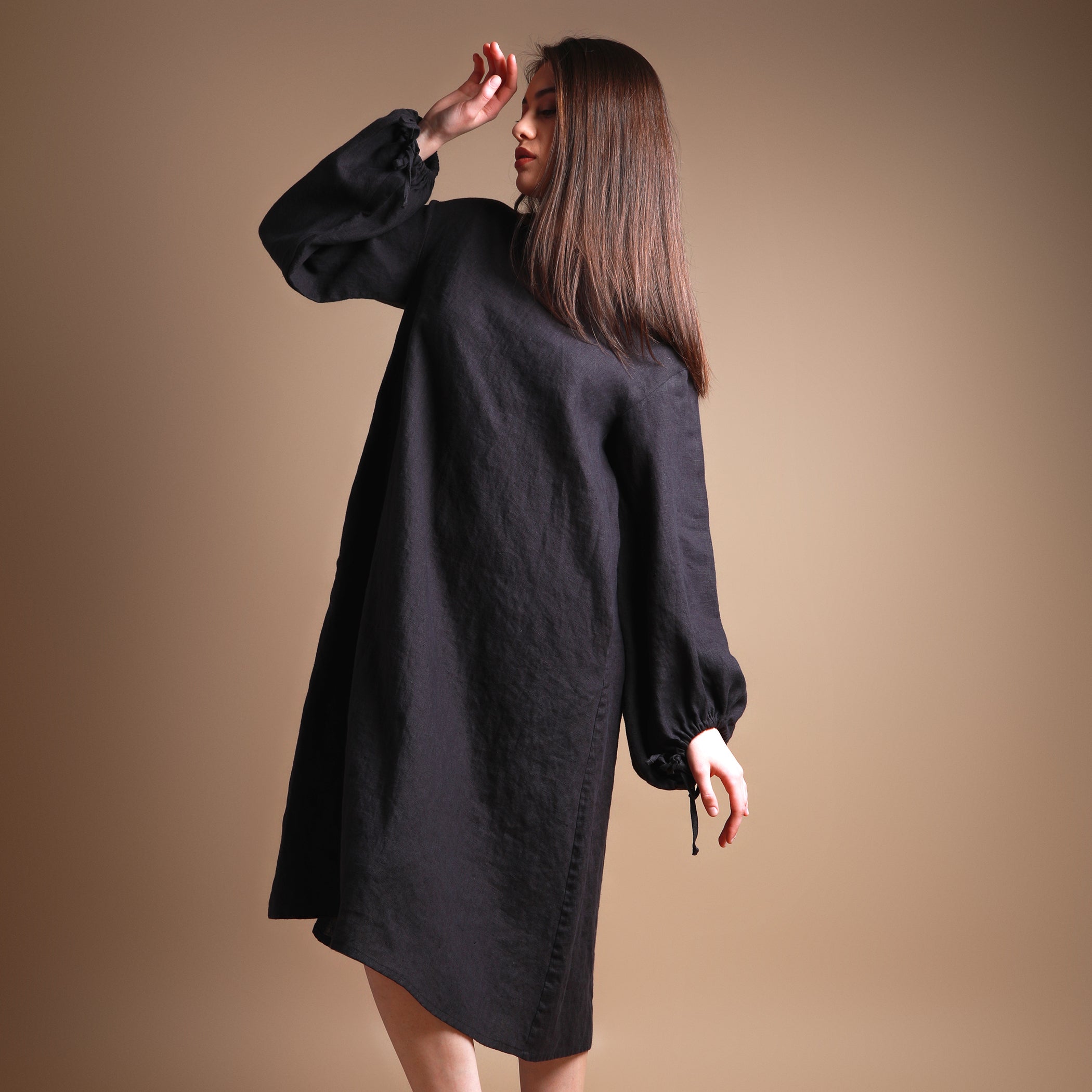 YELLO Loose Puff Sleeve Midi Linen Dress - Size XS - Colors EGGPLANT and GRAYISH GREEN