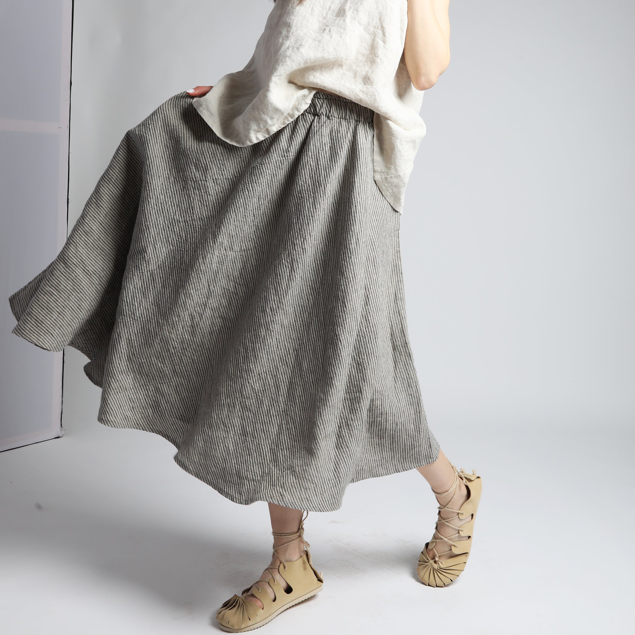 NOMADE Midi Linen Circle Skirt with Pockets
