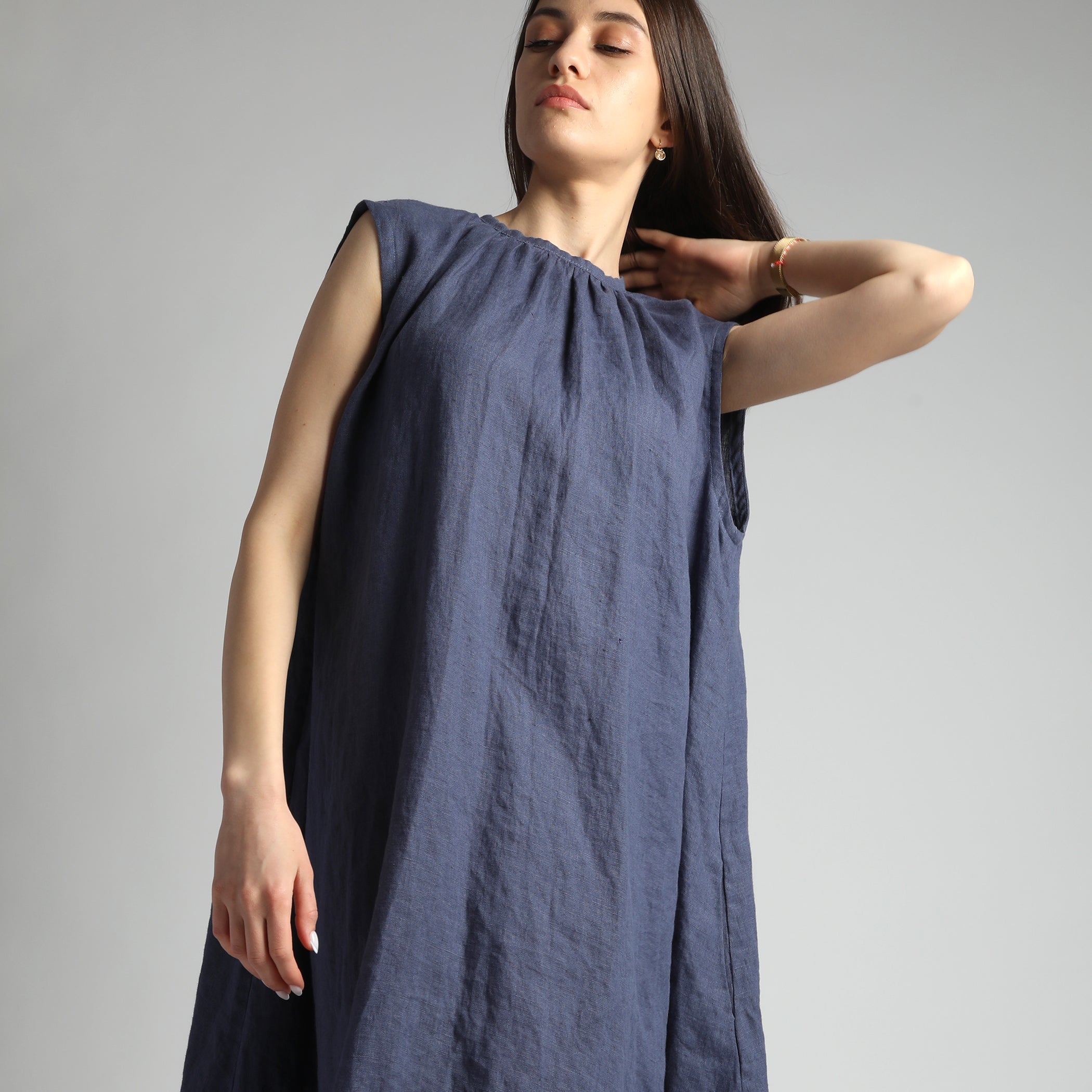 VIVA Midi Flared Linen Dress with Gathered Neck