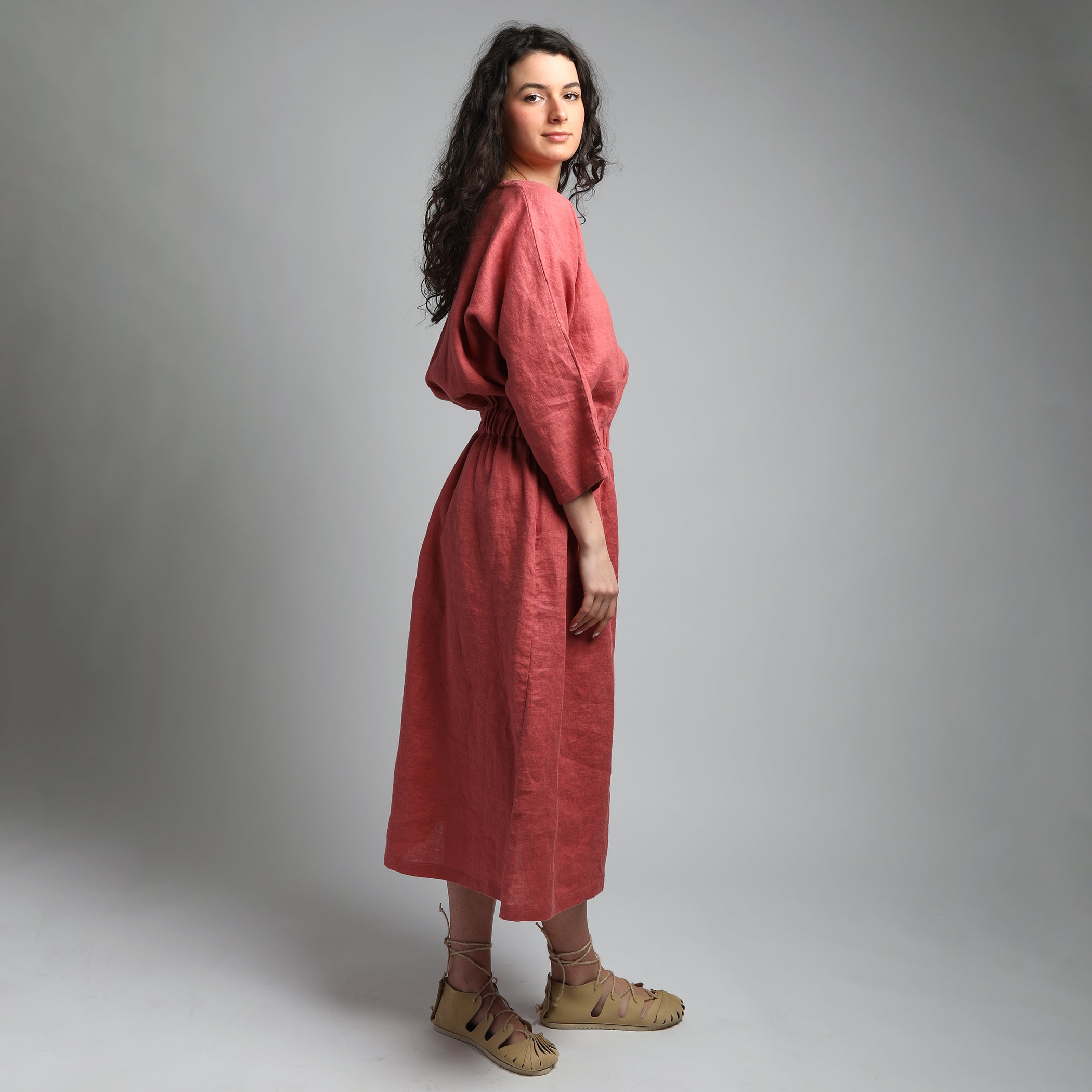 linen dress cinched waist Linen A-Line Dress with Tie Waist