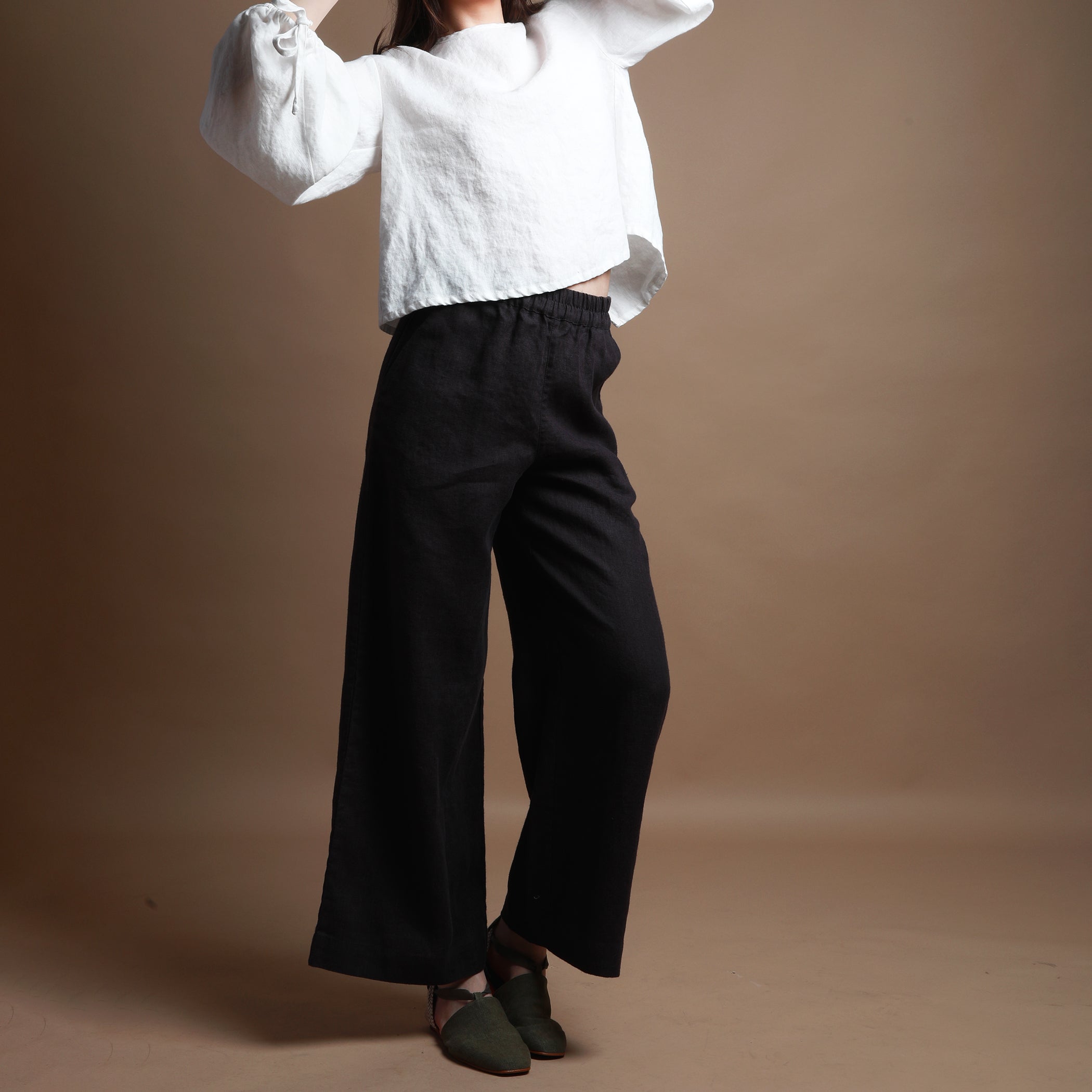 FLORENCE Straight Linen Pants - Size S - Color DARK BLUE