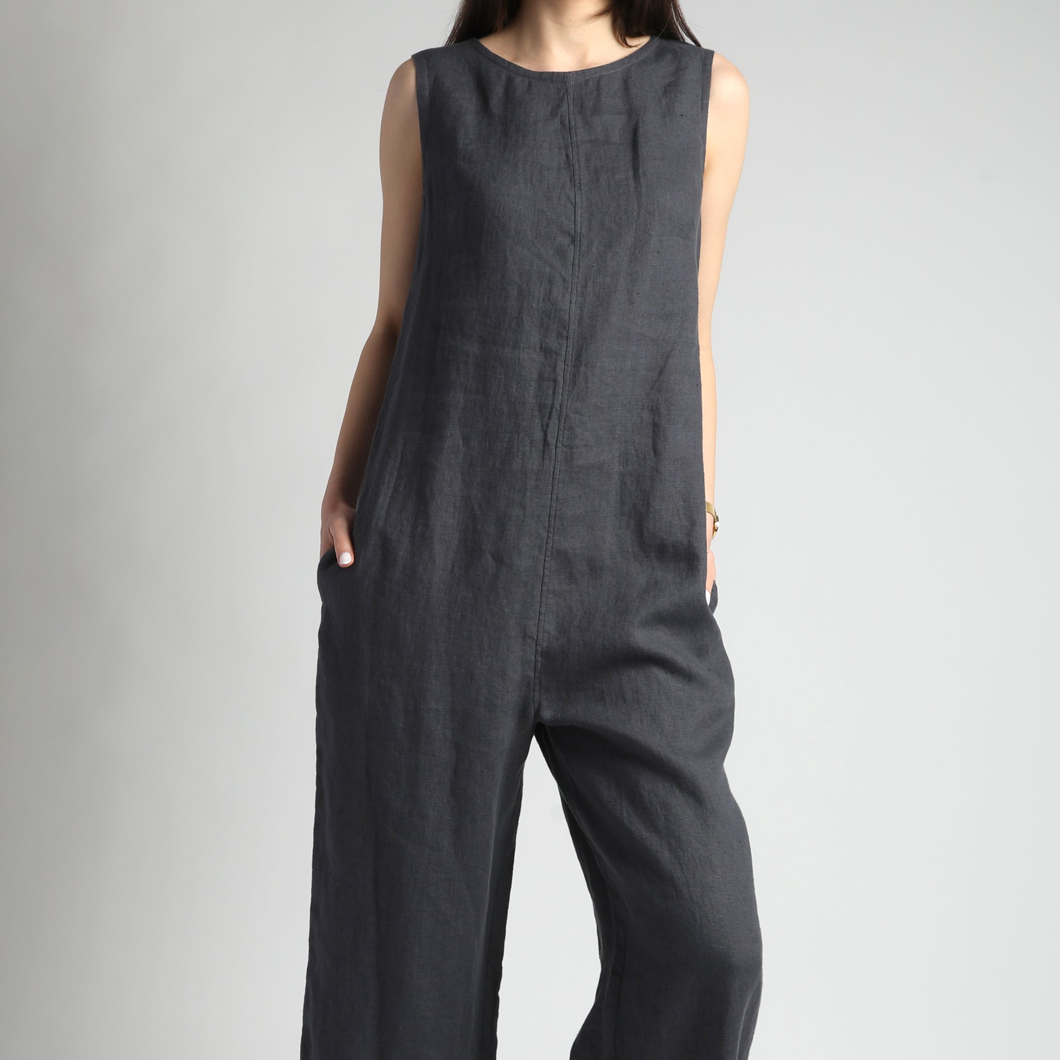 PHOEBE Sleeveless Linen Jumpsuit with Button Down Back