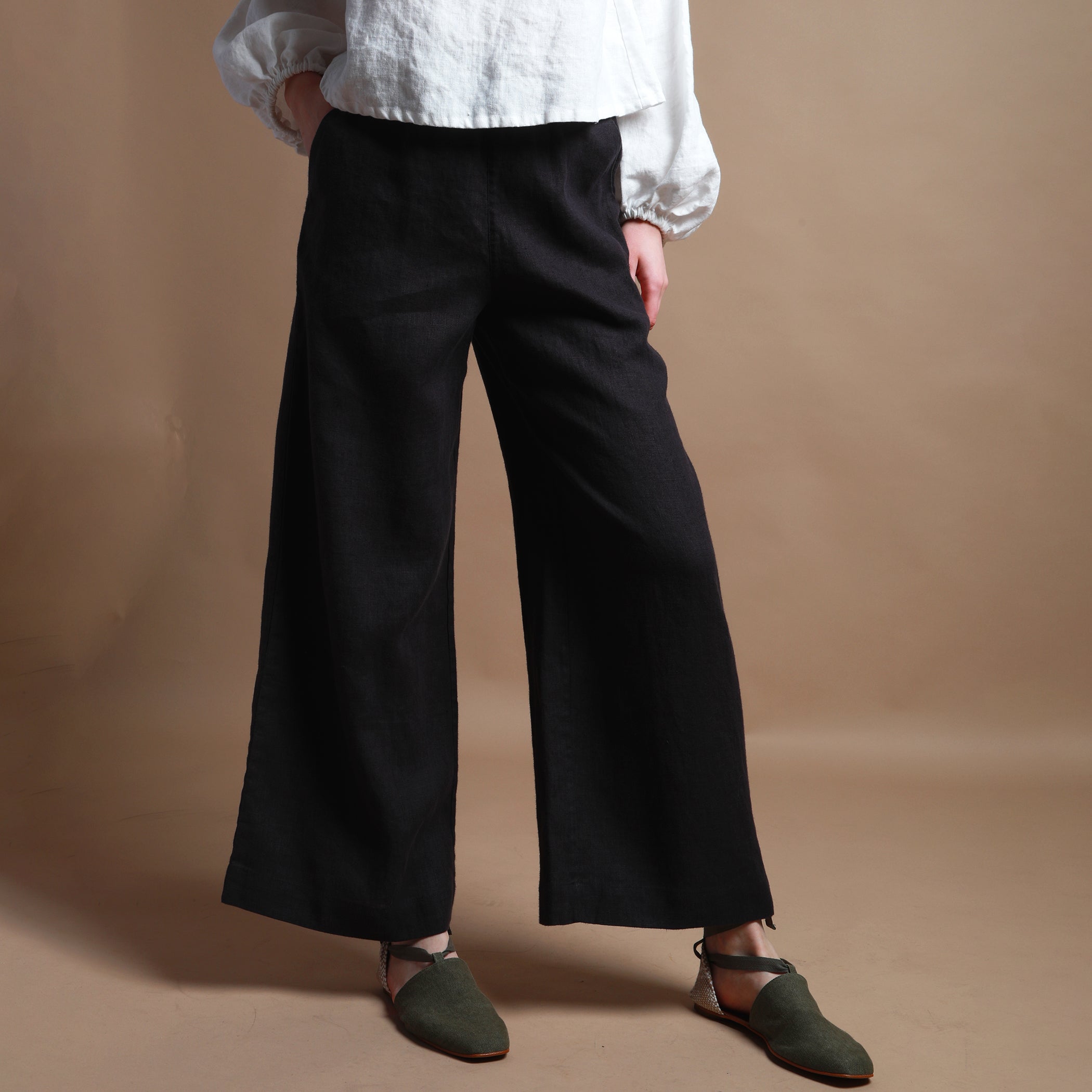 FLORENCE Straight Linen Pants - Size S - Color DARK BLUE