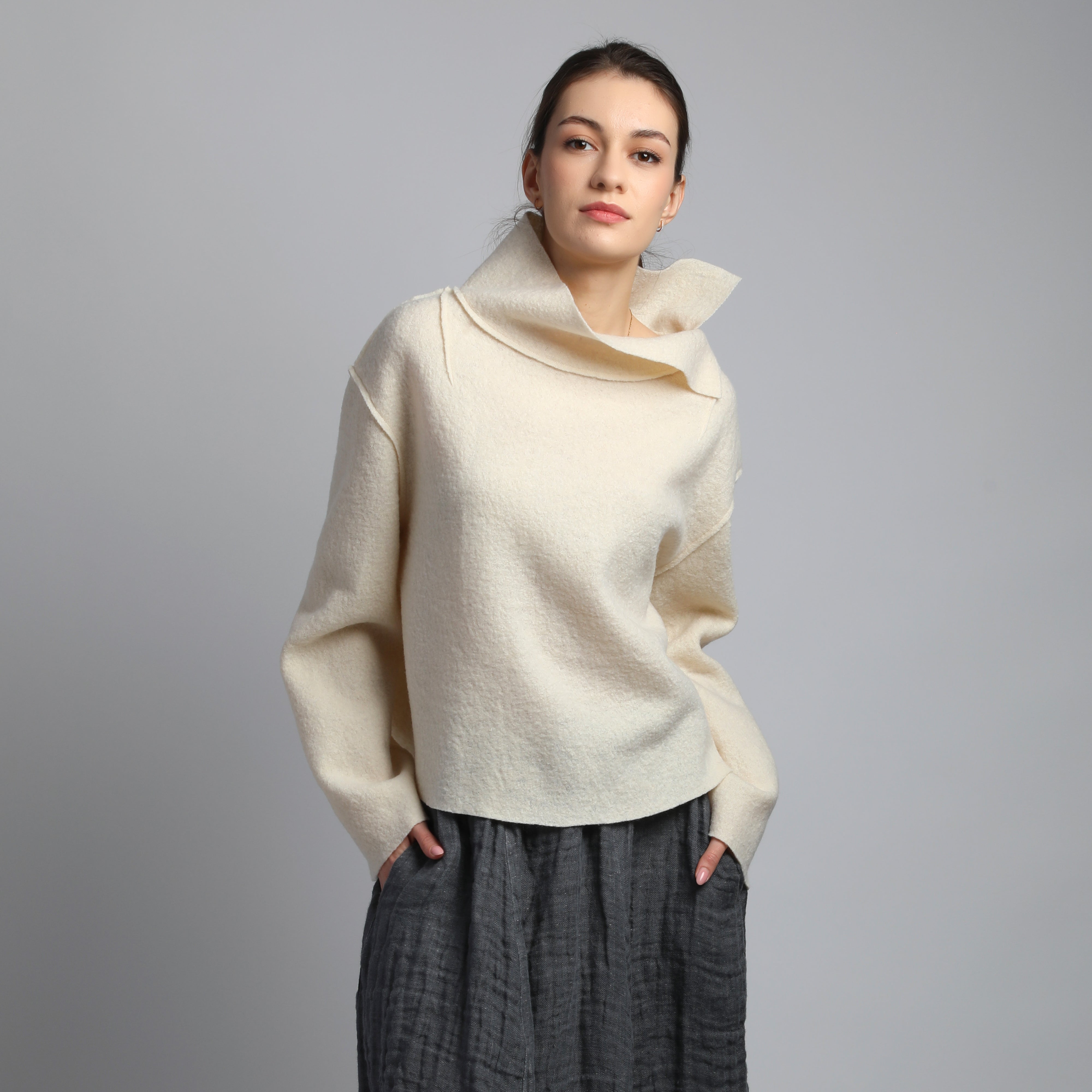 ALICE Cropped Loose Boiled Wood Jumper with Stand Up Collar