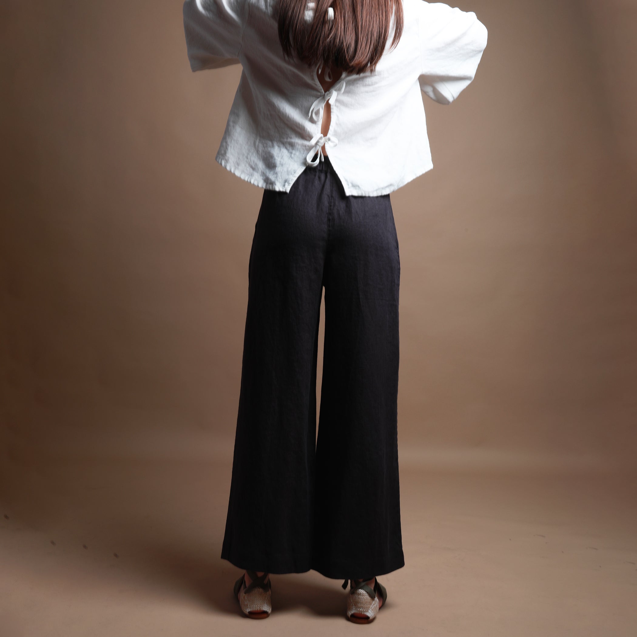 FLORENCE Straight Linen Pants - Size S - Color DARK BLUE