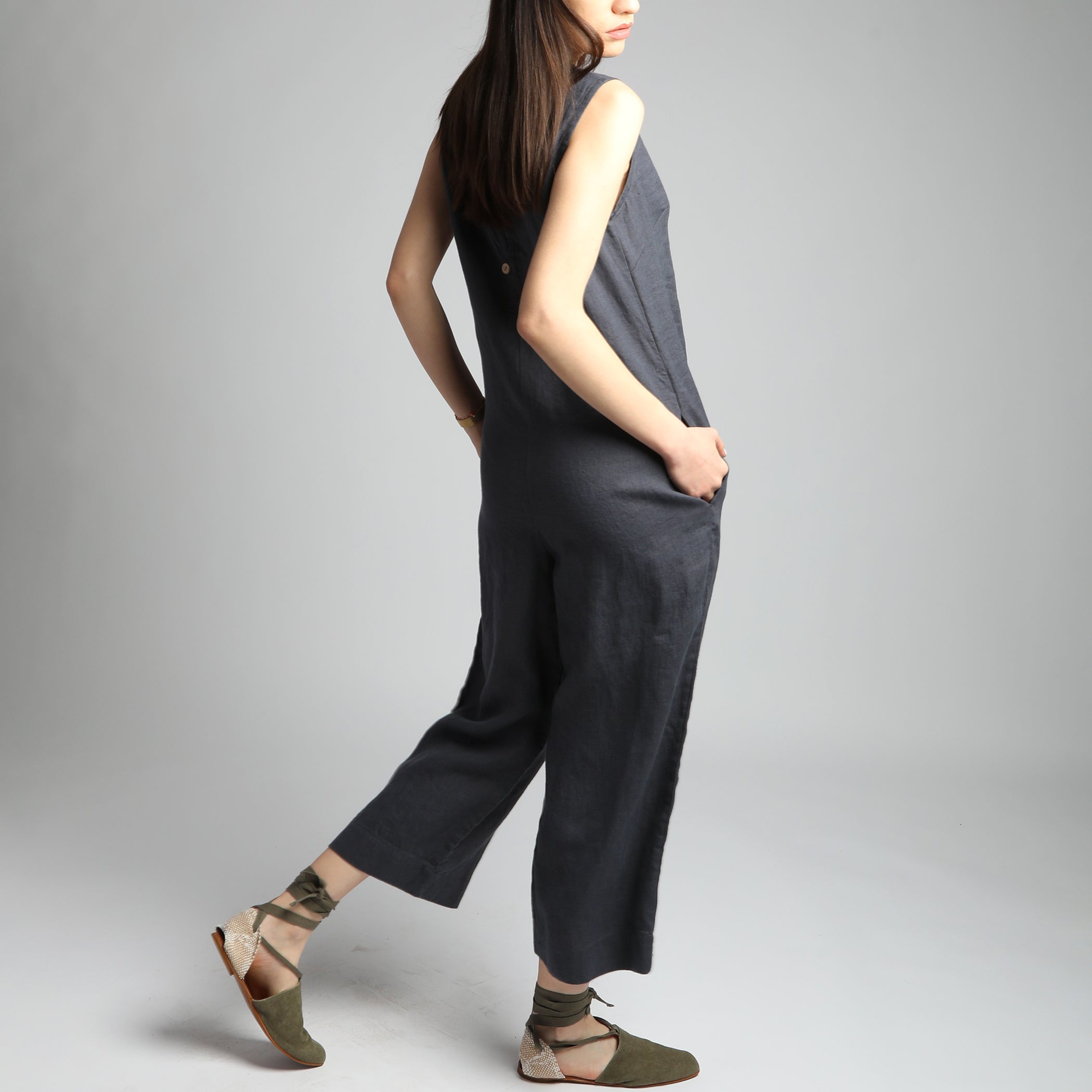 PHOEBE Sleeveless Linen Jumpsuit with Button Down Back