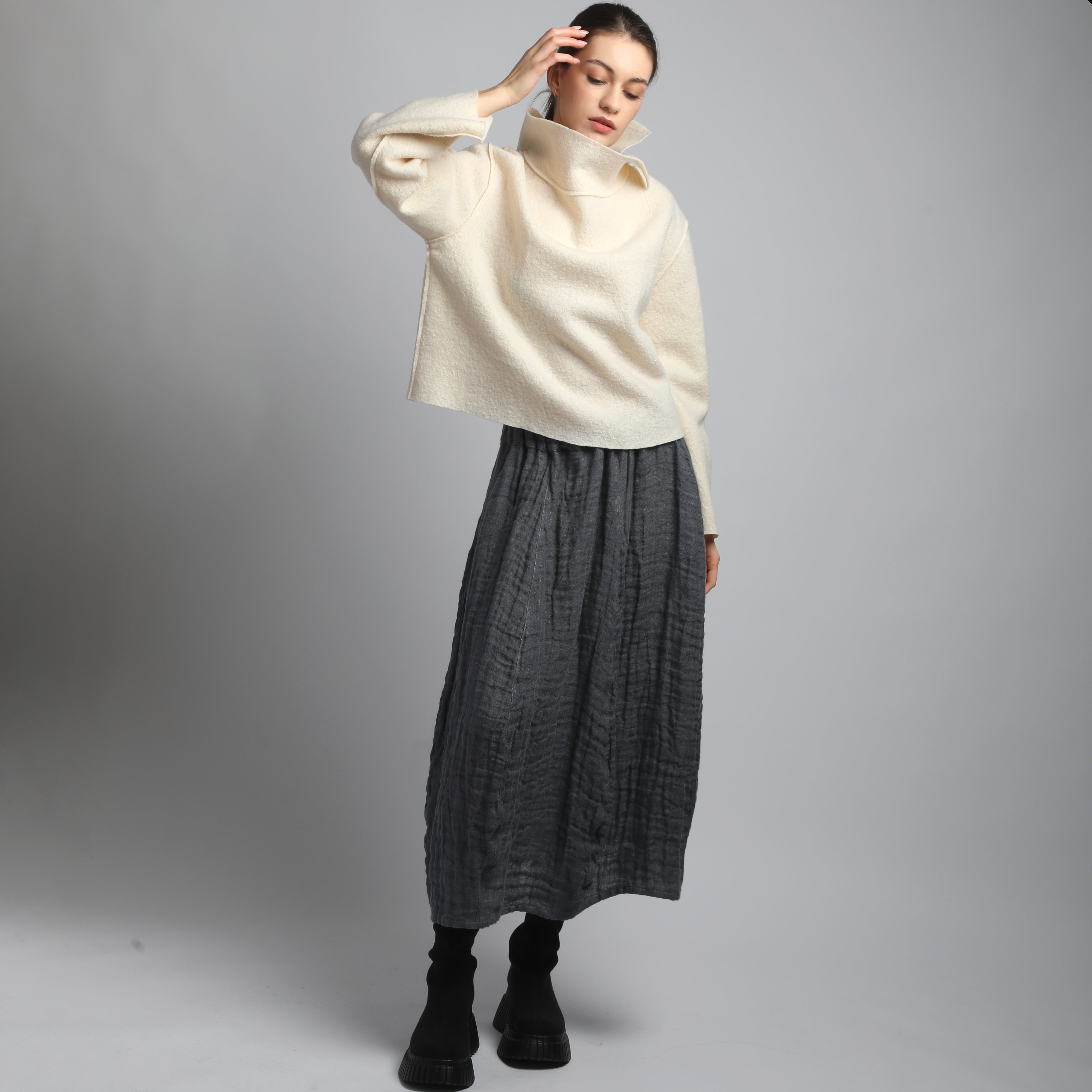 ALICE Cropped Loose Boiled Wood Jumper with Stand Up Collar