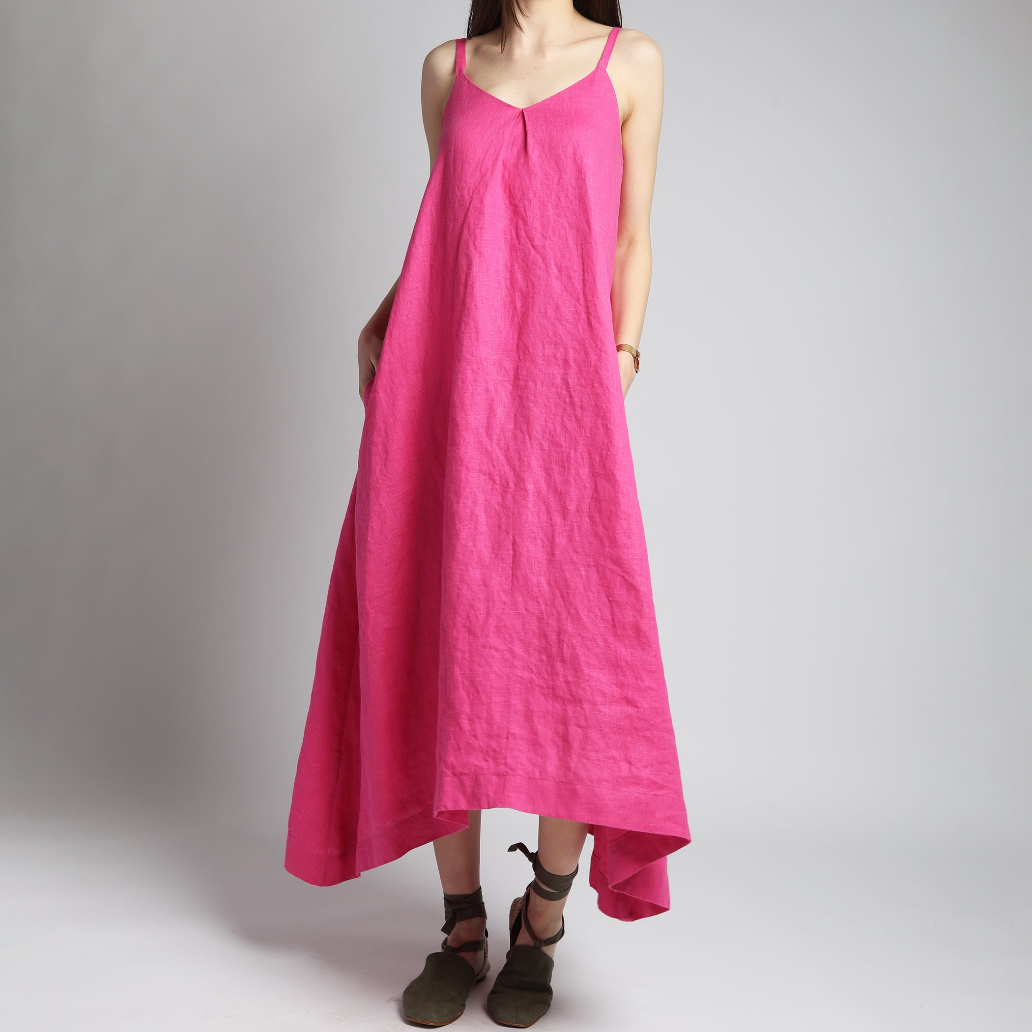 ETHER Maxi Flared Linen Dress with Spaghetti Straps