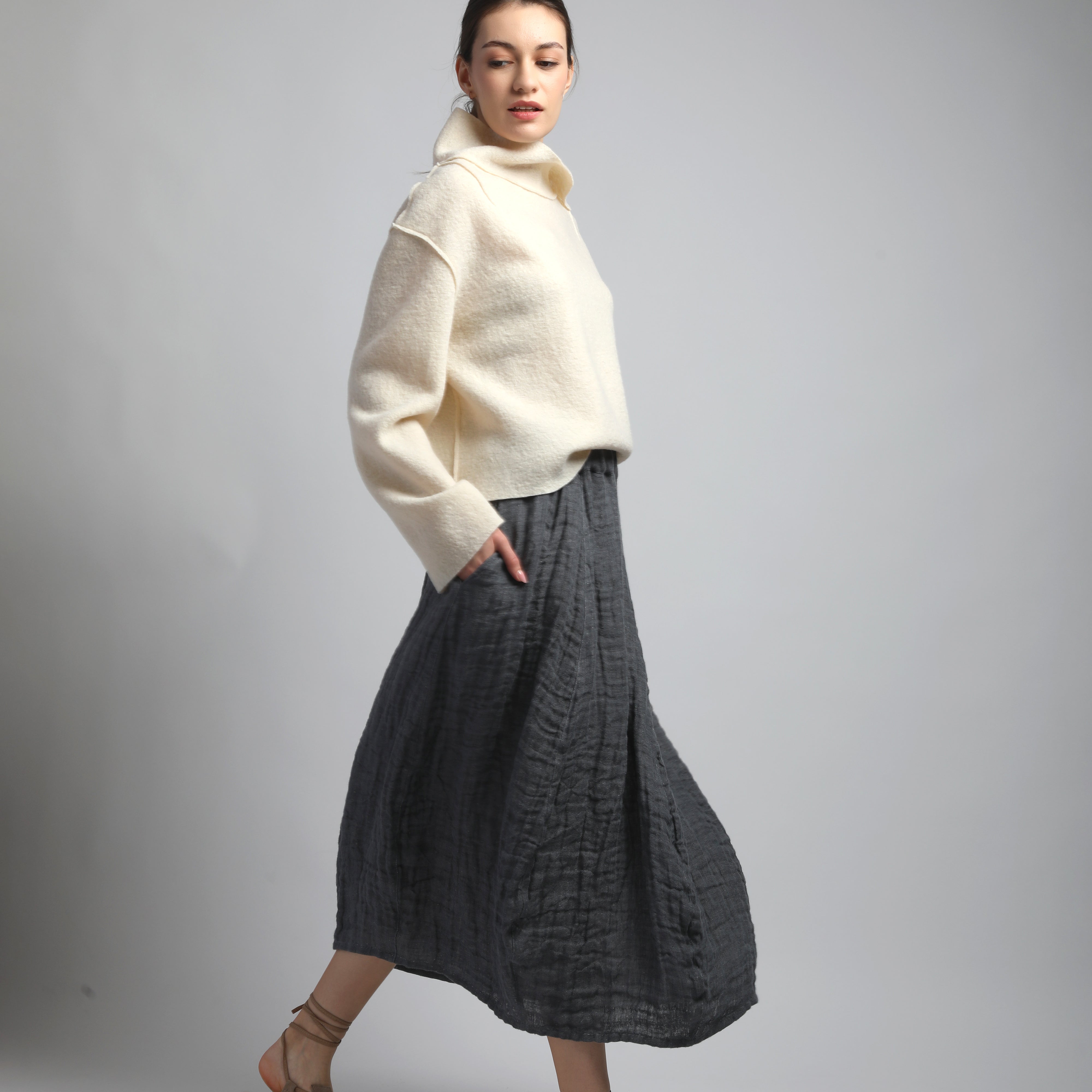 ALICE Cropped Loose Boiled Wood Jumper with Stand Up Collar