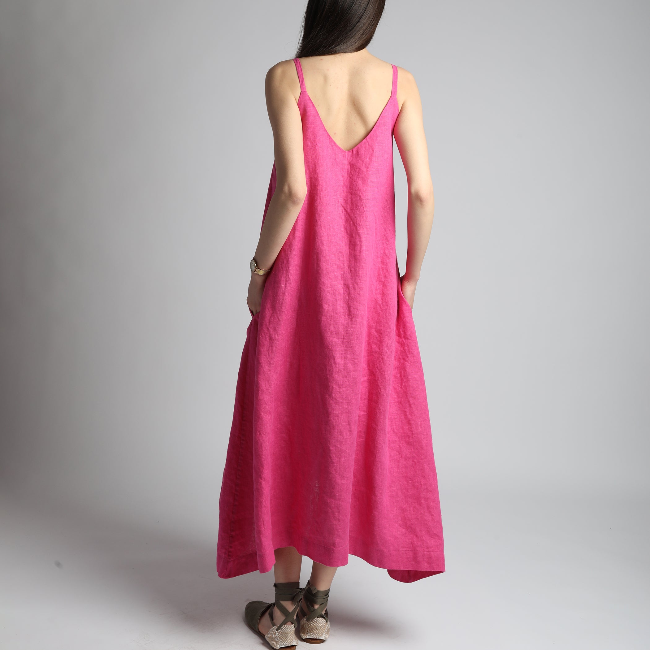 ETHER Maxi Flared Linen Dress with Spaghetti Straps