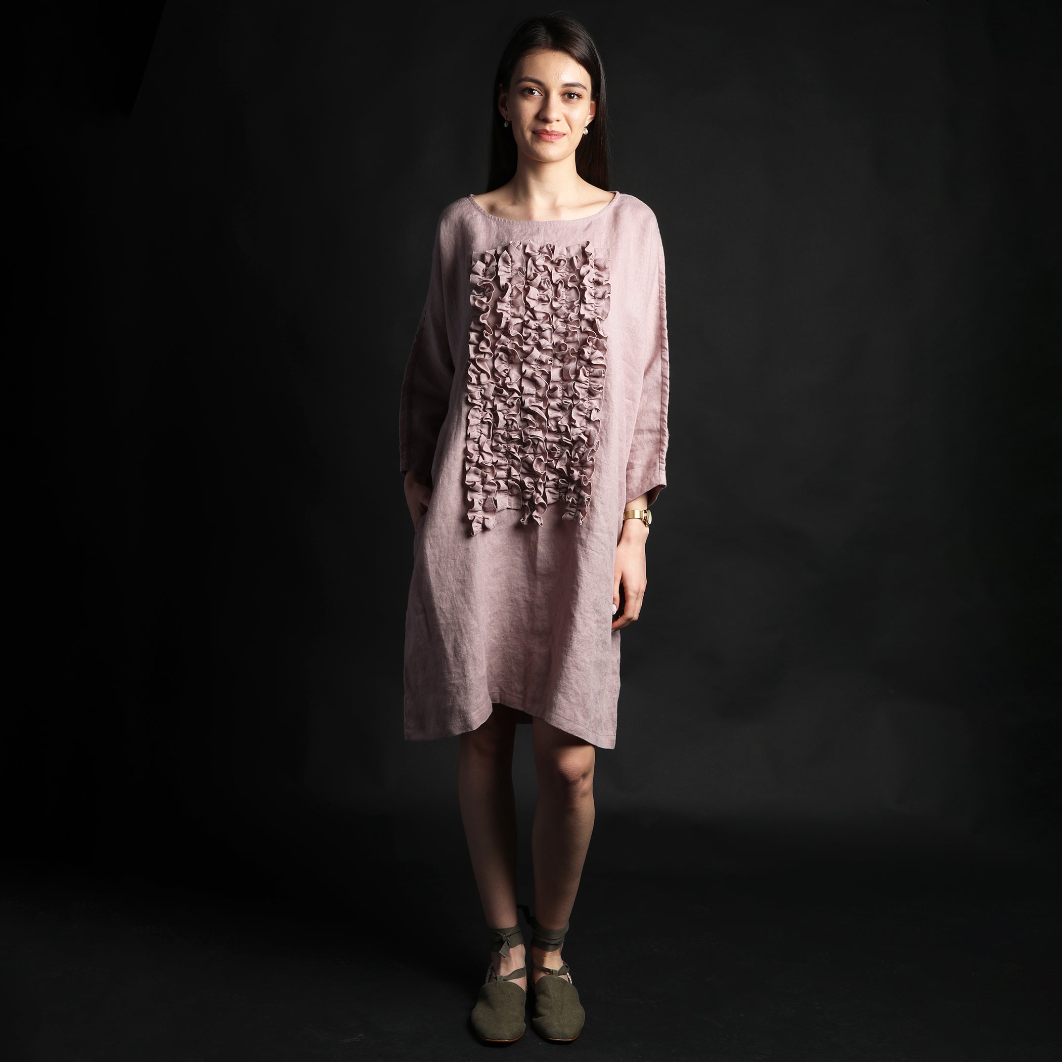 POM POM Midi Dress with Front Ruffles, Size S, Color LILAC