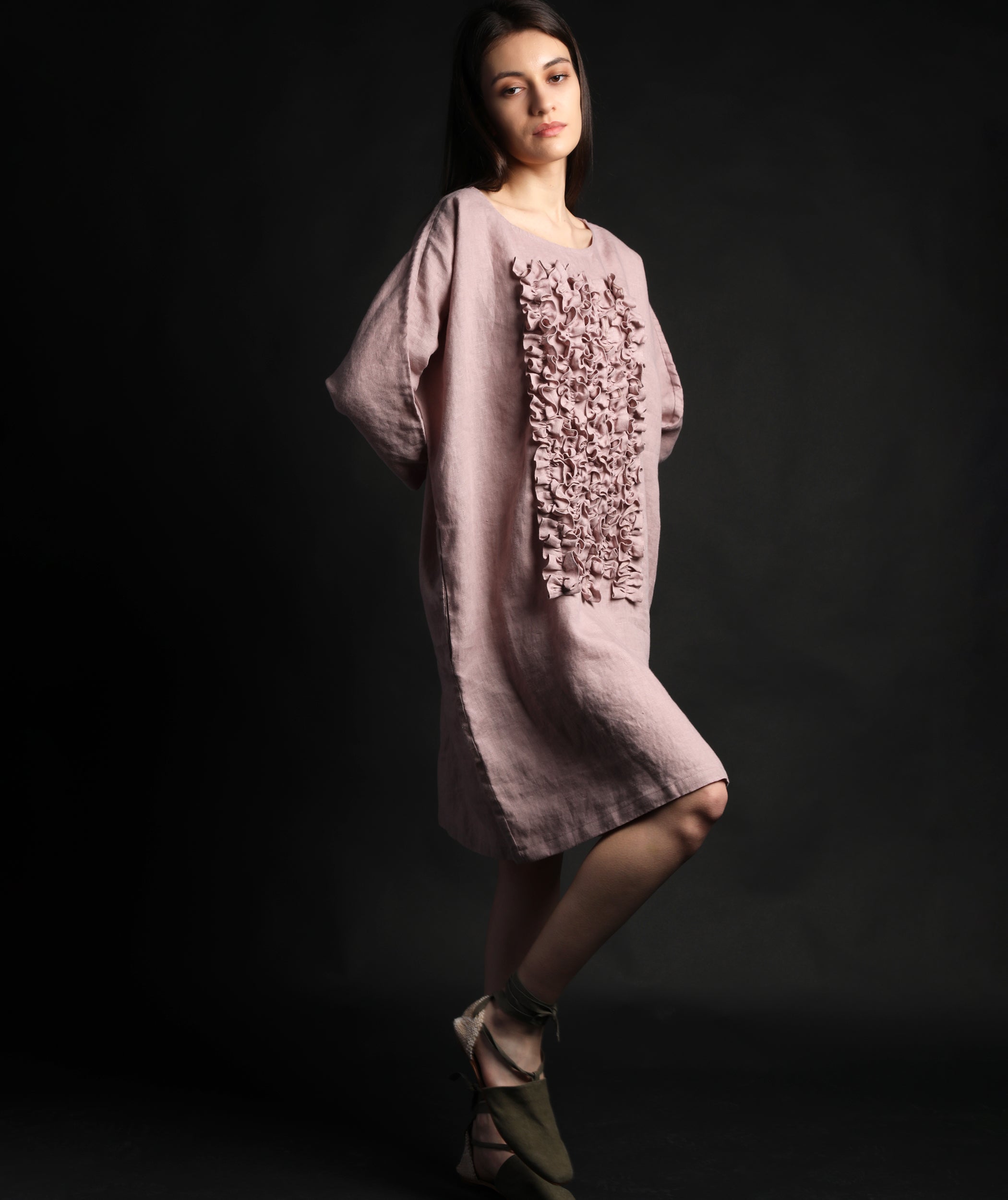 POM POM Midi Dress with Front Ruffles