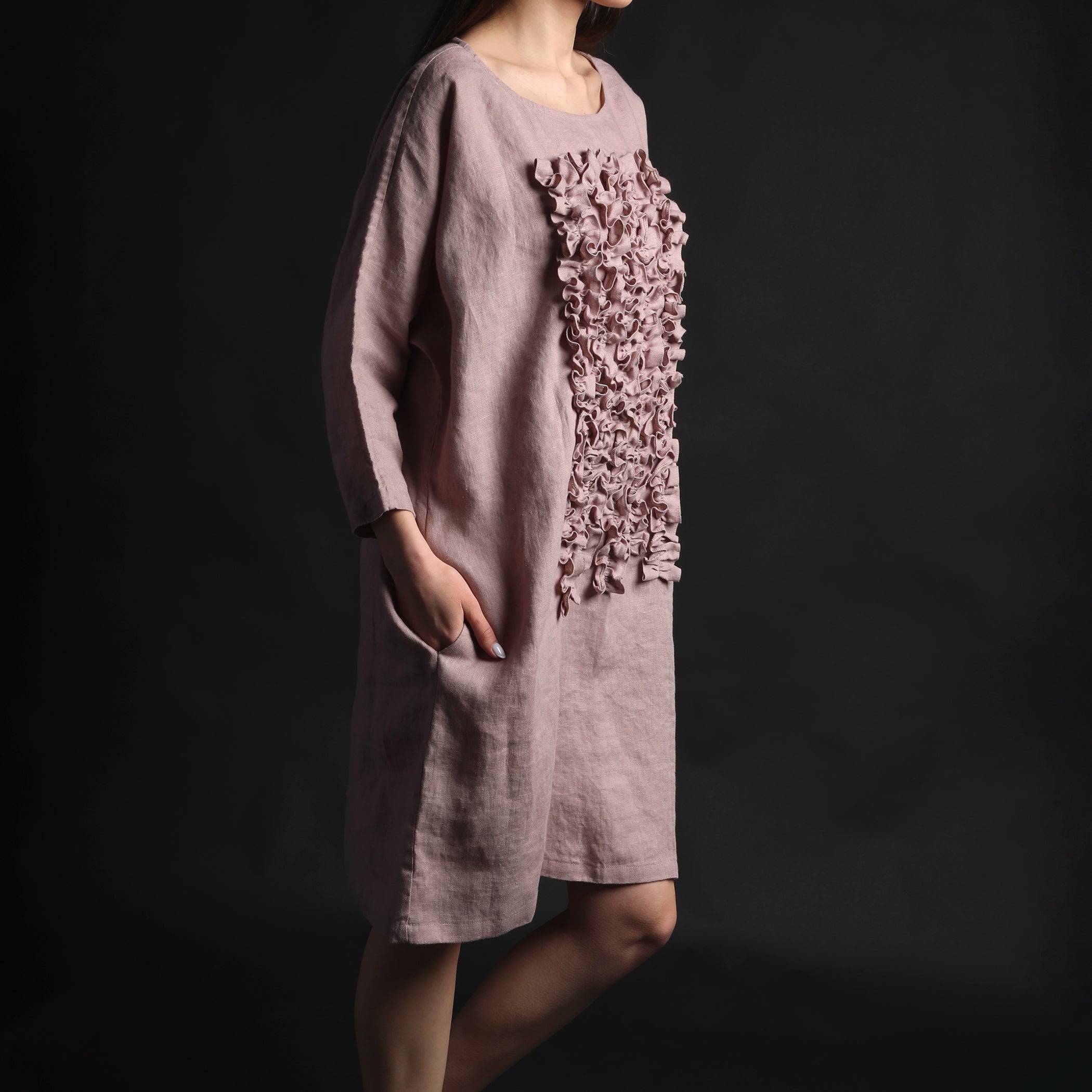 POM POM Midi Dress with Front Ruffles