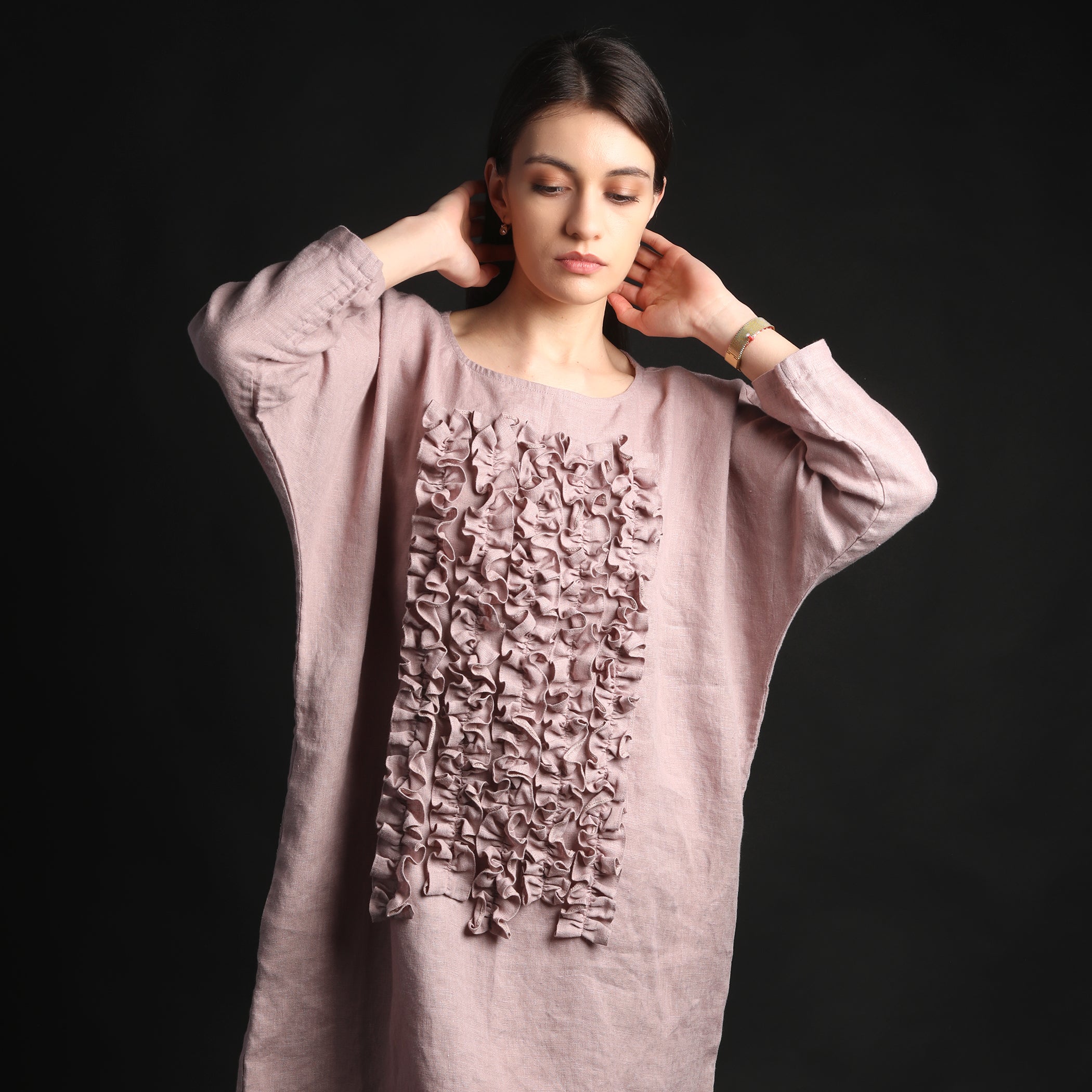 POM POM Midi Dress with Front Ruffles, Size S, Color LILAC