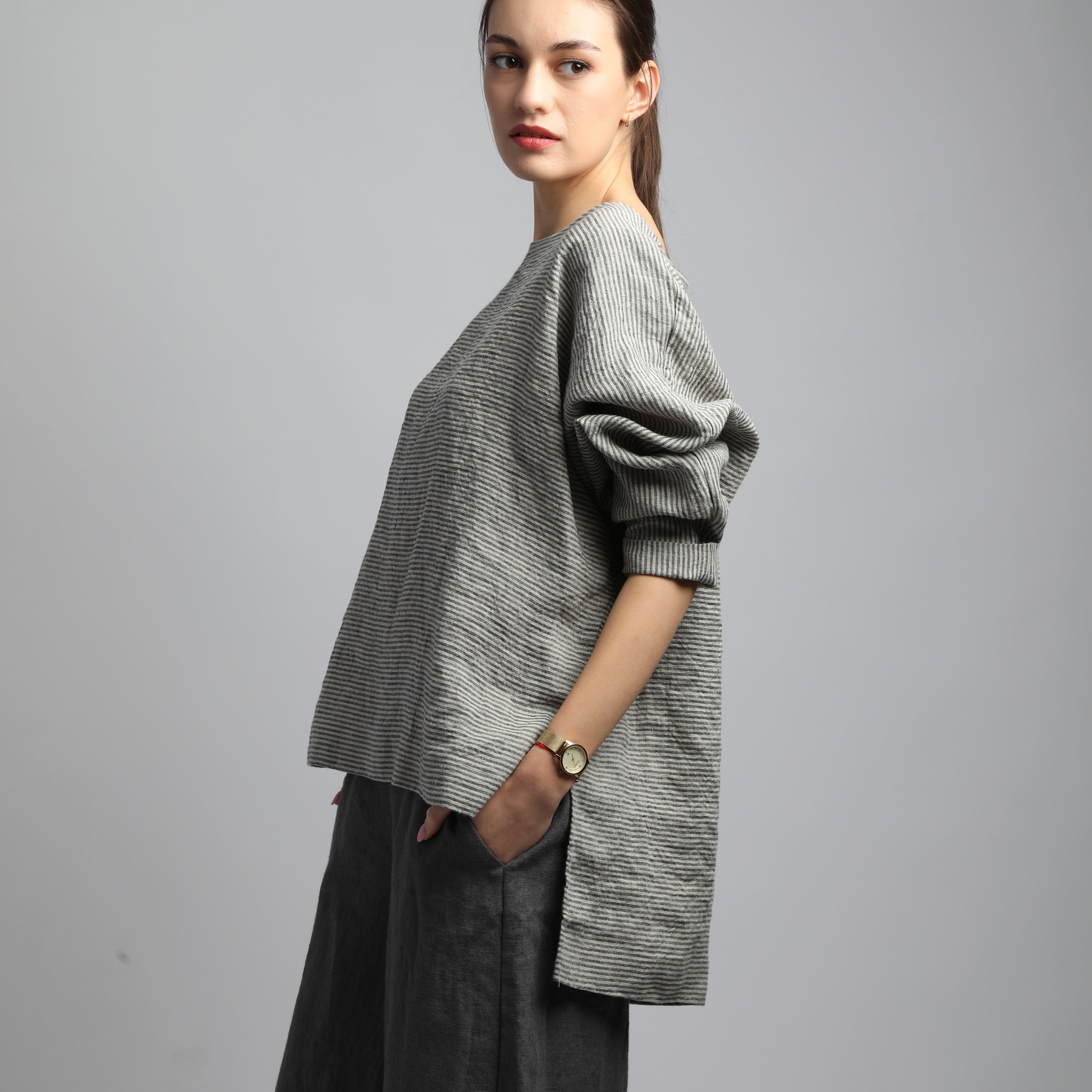 REED Linen Drop Shoulder Top with Asymmetric Hem