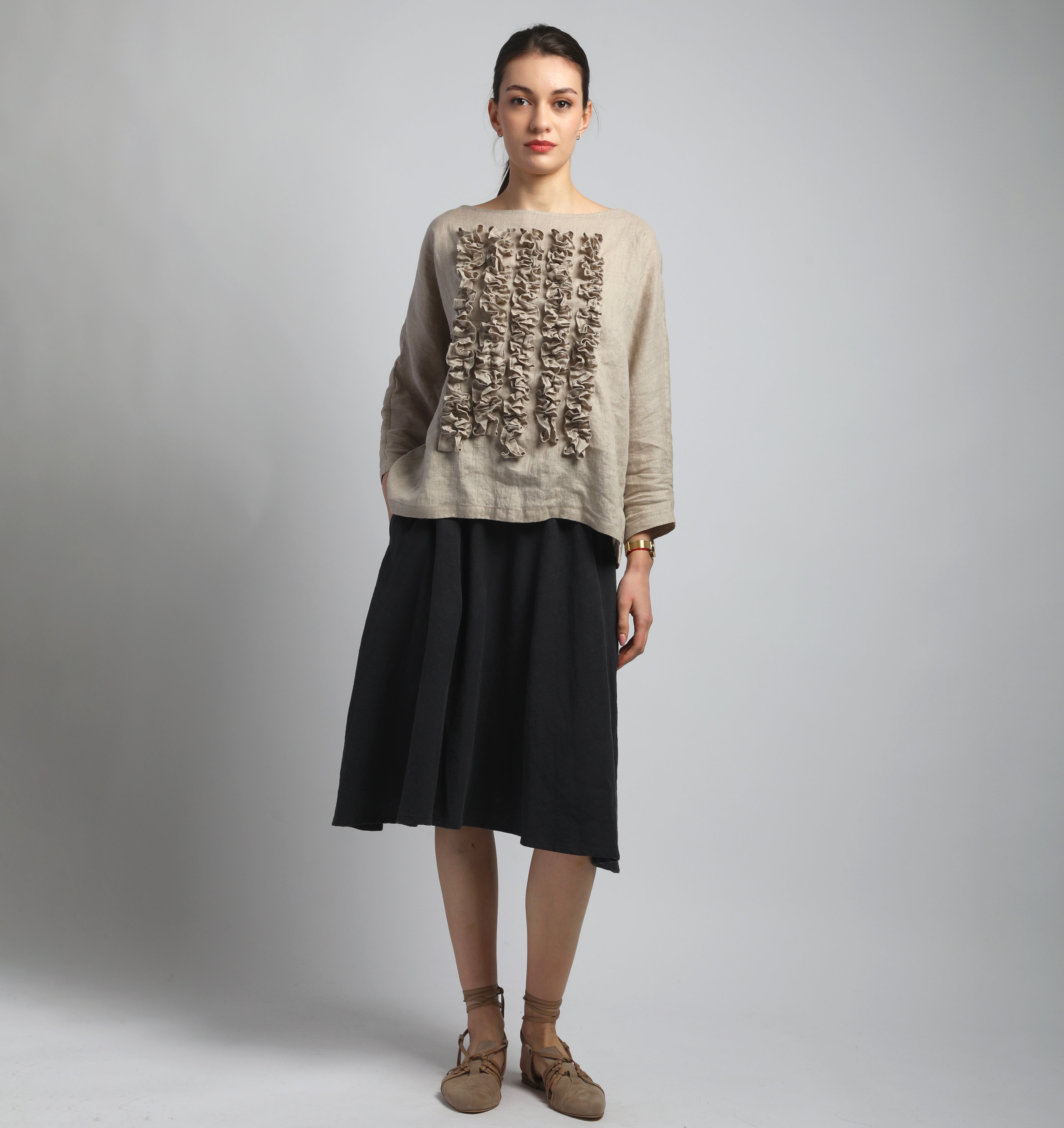 POM POM Linen Blouse with Front Ruffles