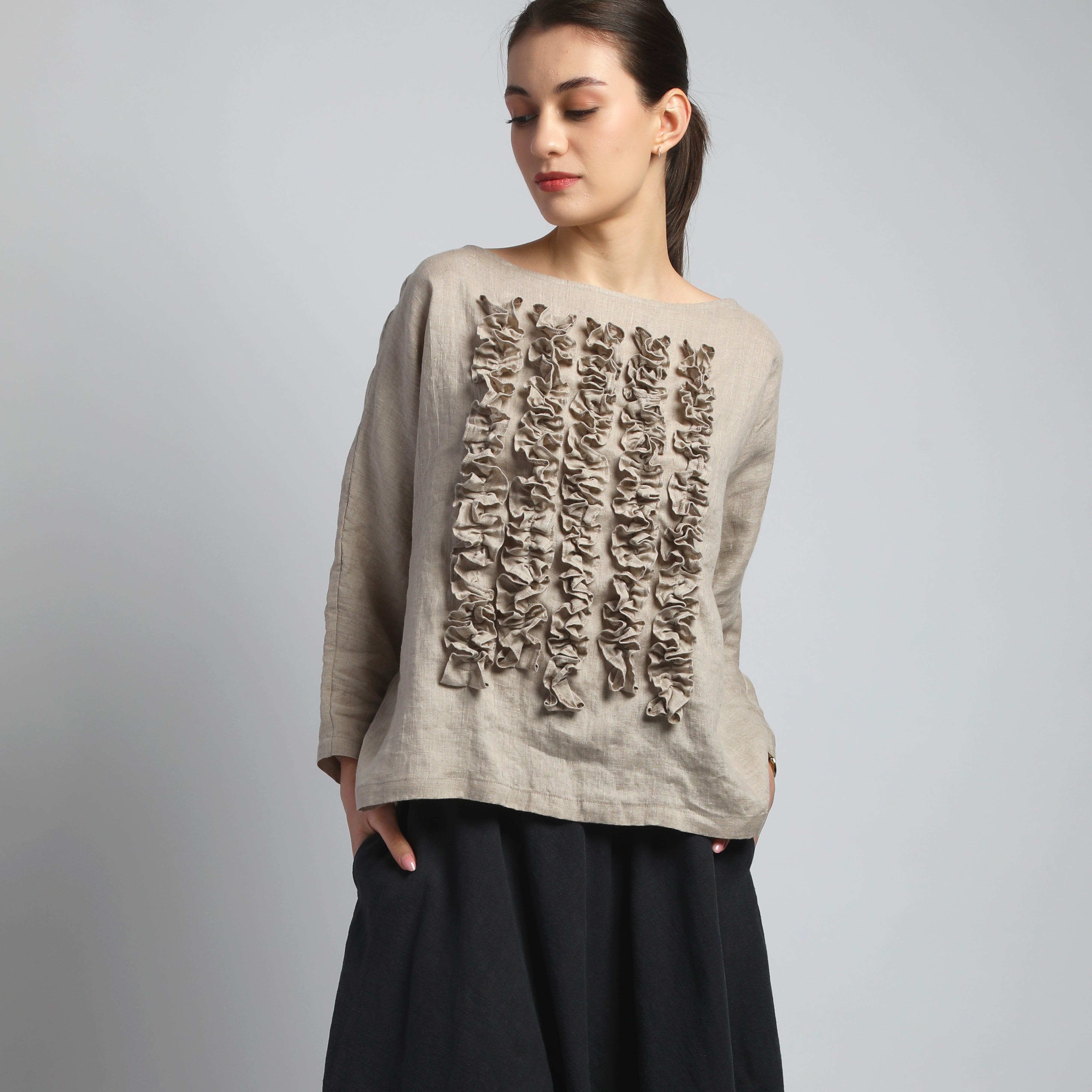 POM POM Linen Blouse with Front Ruffles