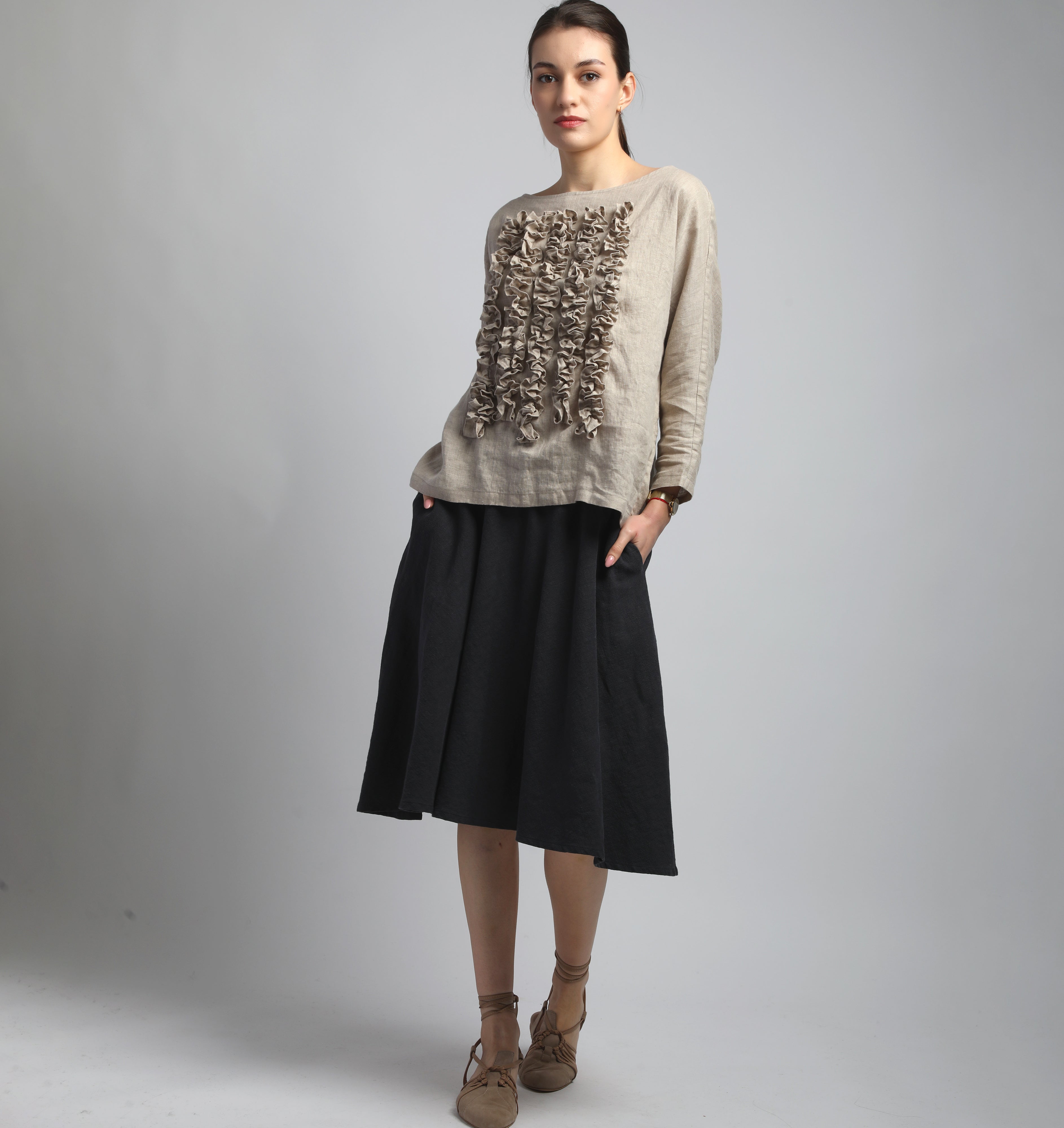 POM POM Linen Blouse with Front Ruffles - Sizes XS, S - Color NATURAL
