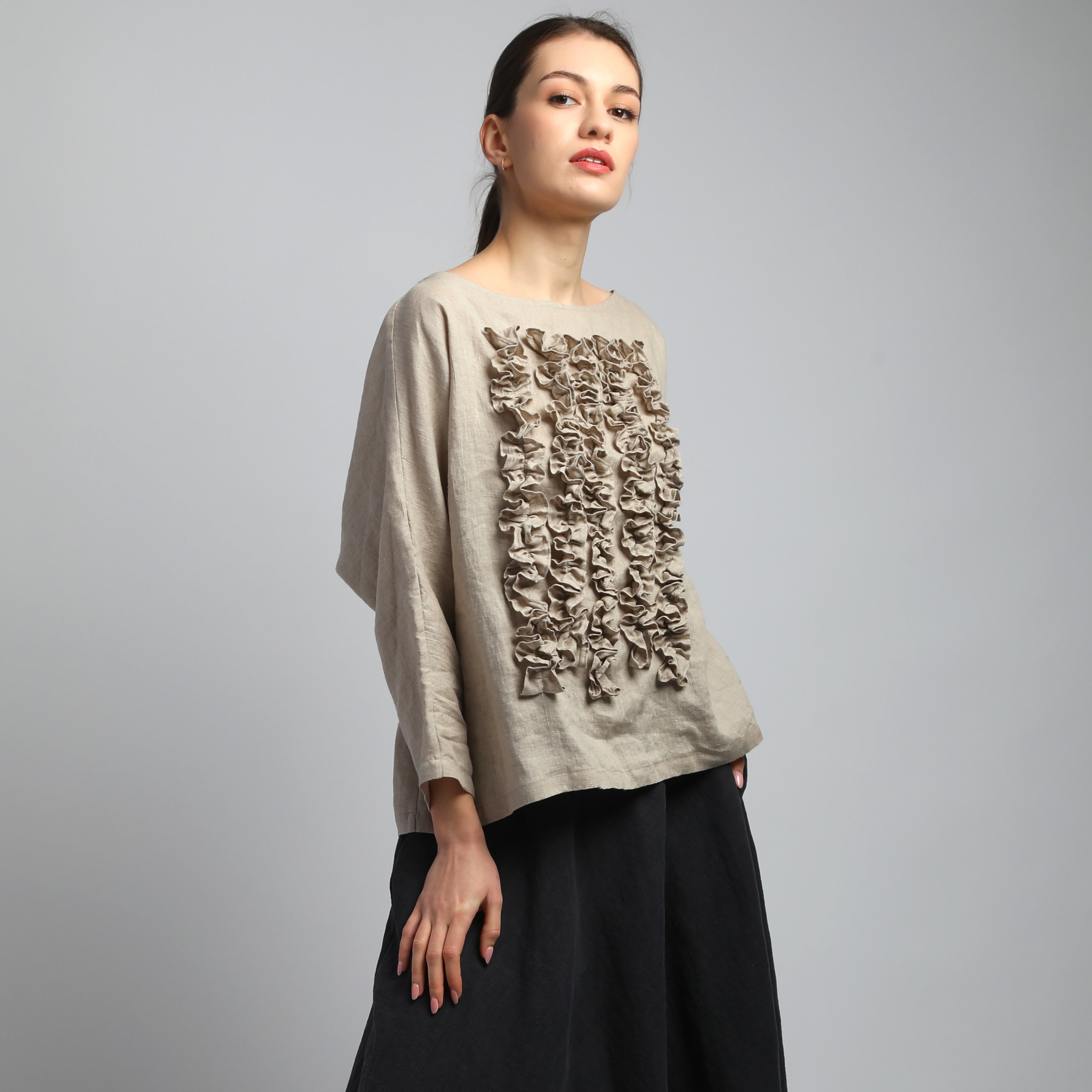 POM POM Linen Blouse with Front Ruffles