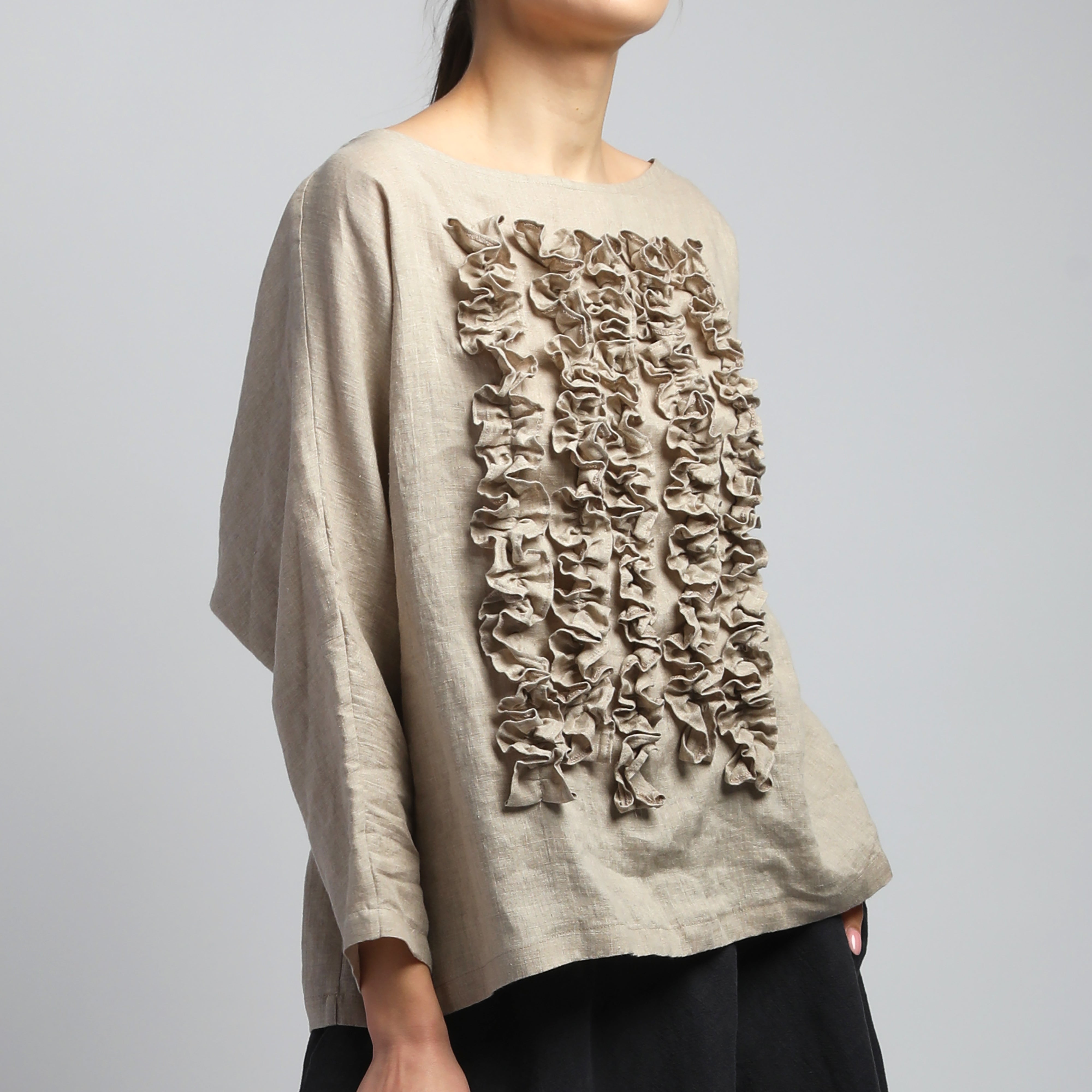 POM POM Linen Blouse with Front Ruffles