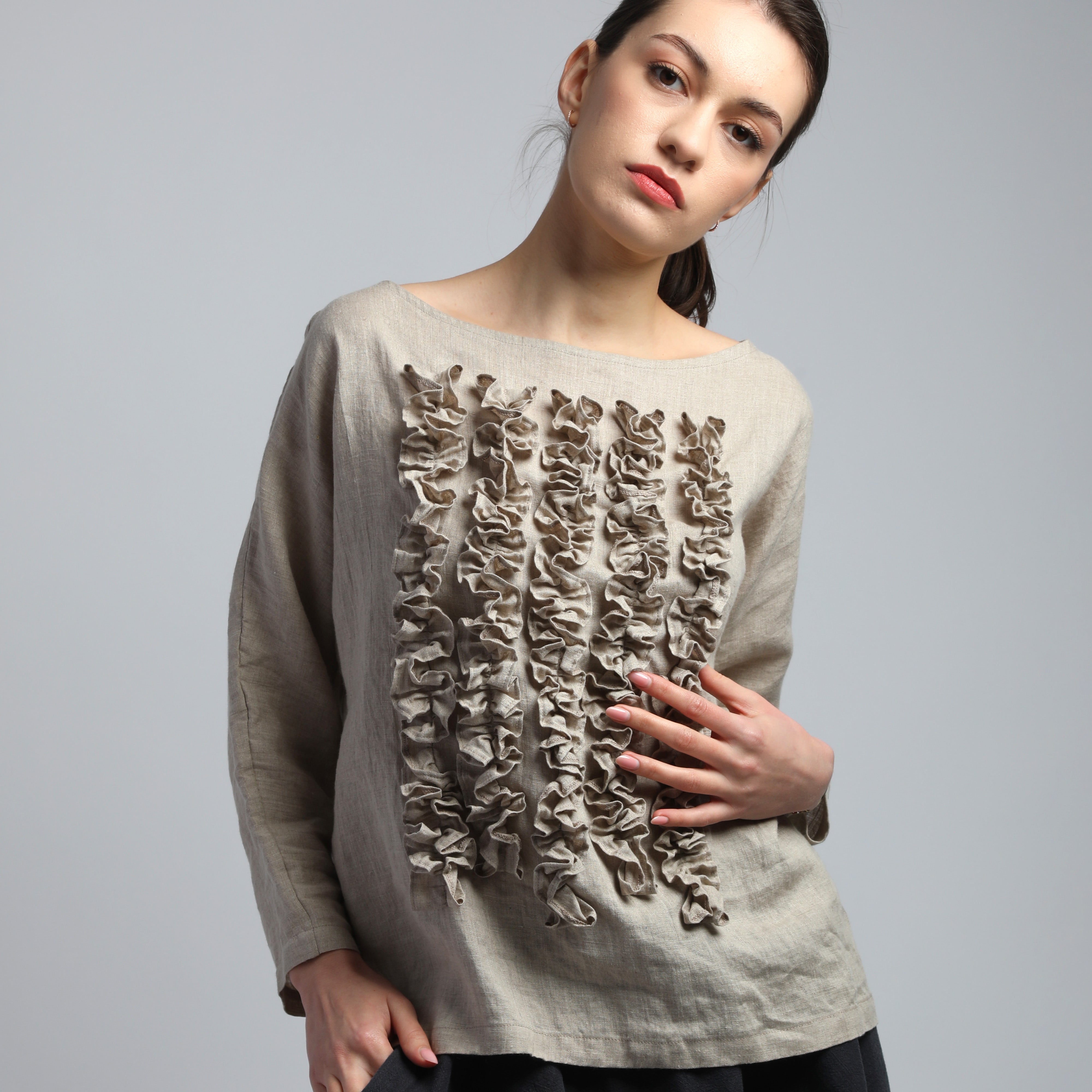 POM POM Linen Blouse with Front Ruffles