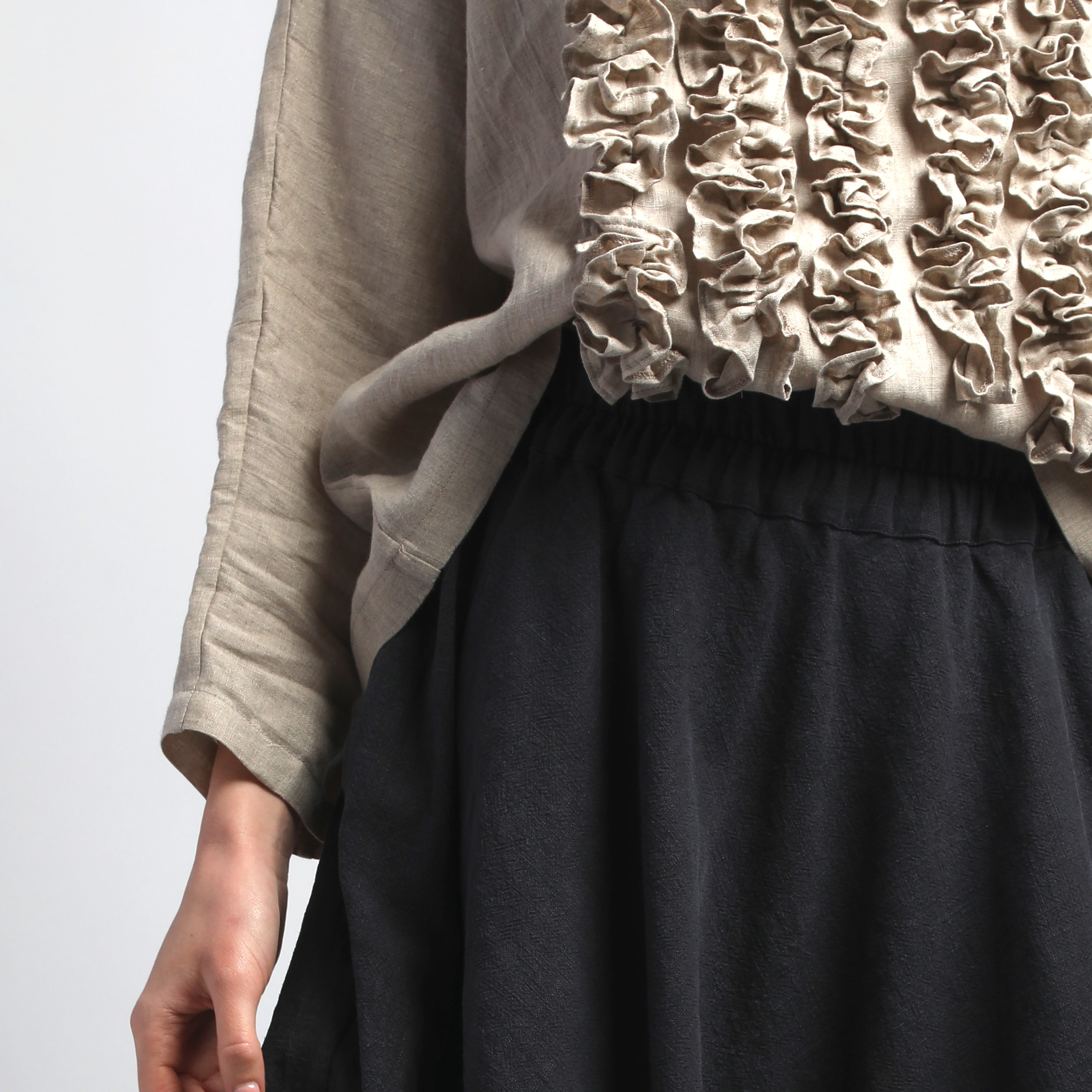 POM POM Linen Blouse with Front Ruffles