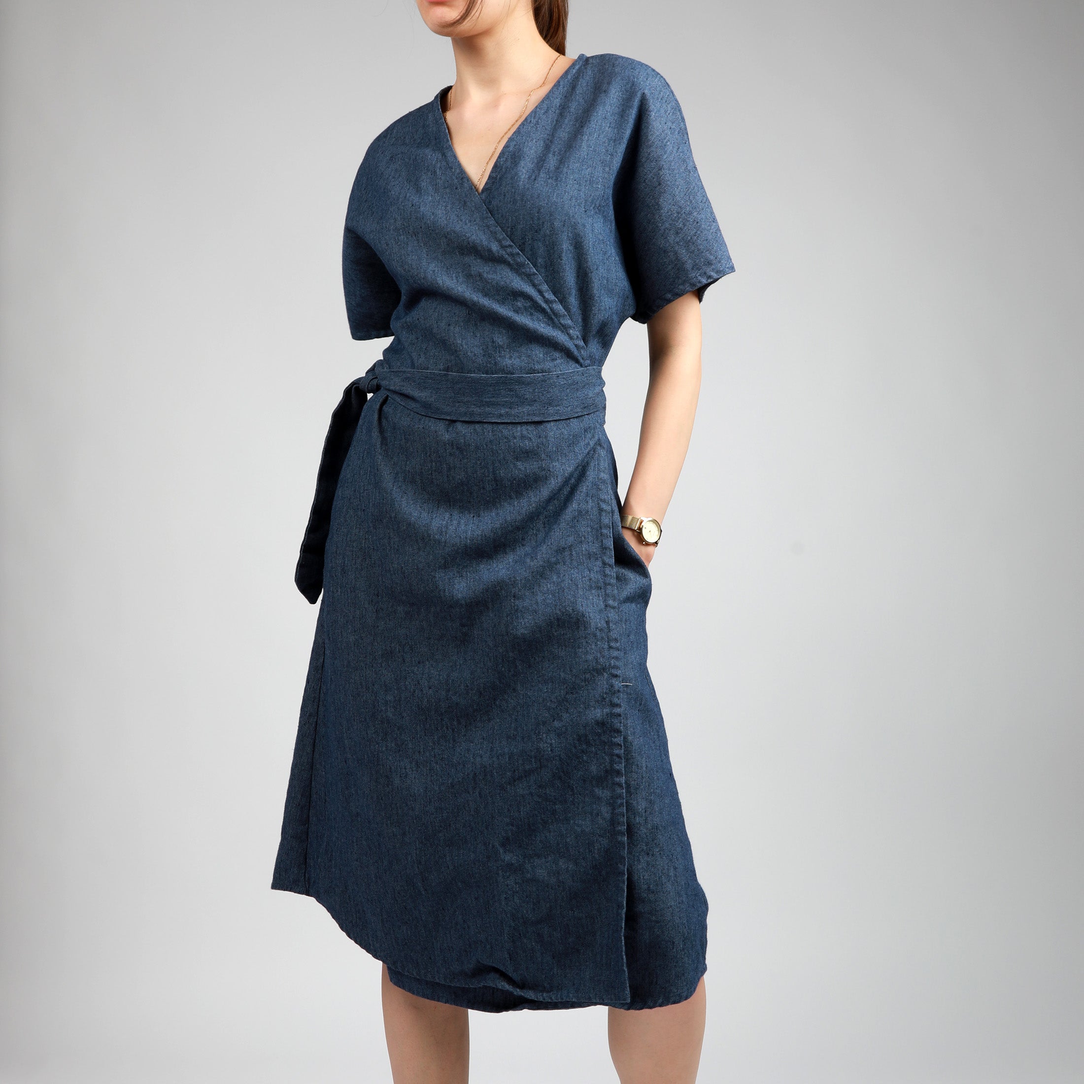 NUBE Midi Wrapt Linen Dress, Size S, Color BLUE DENIM