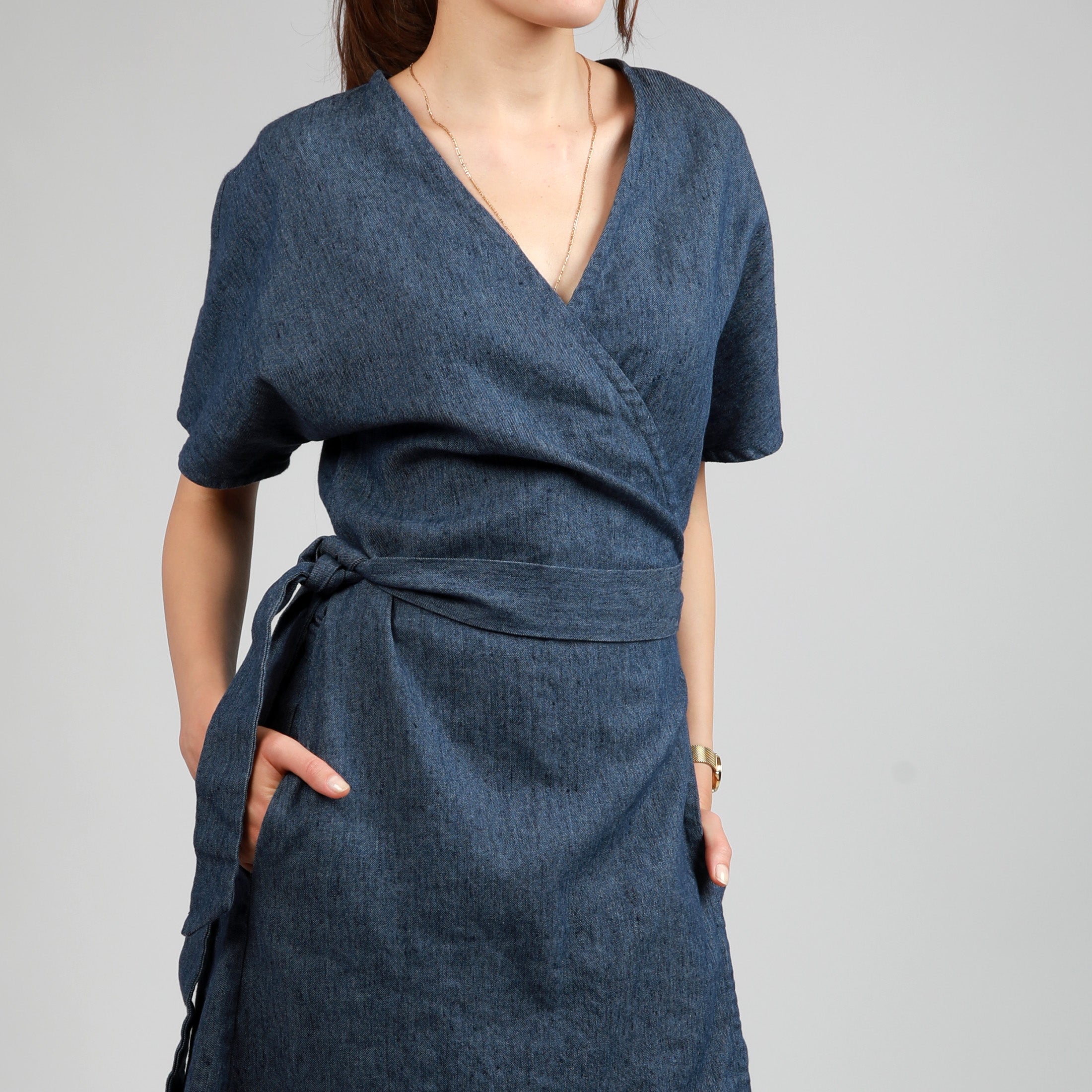 NUBE Midi Wrapt Linen Dress, Size S, Color BLUE DENIM