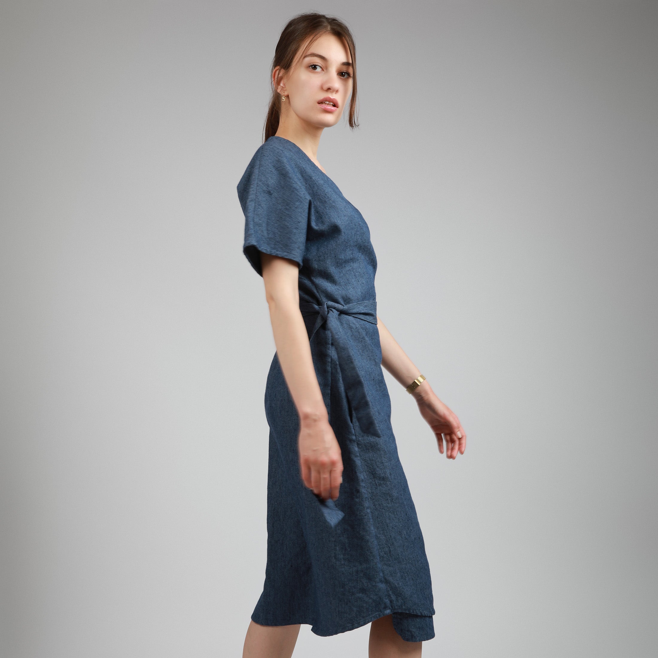 NUBE Midi Wrapt Linen Dress, Size S, Color BLUE DENIM