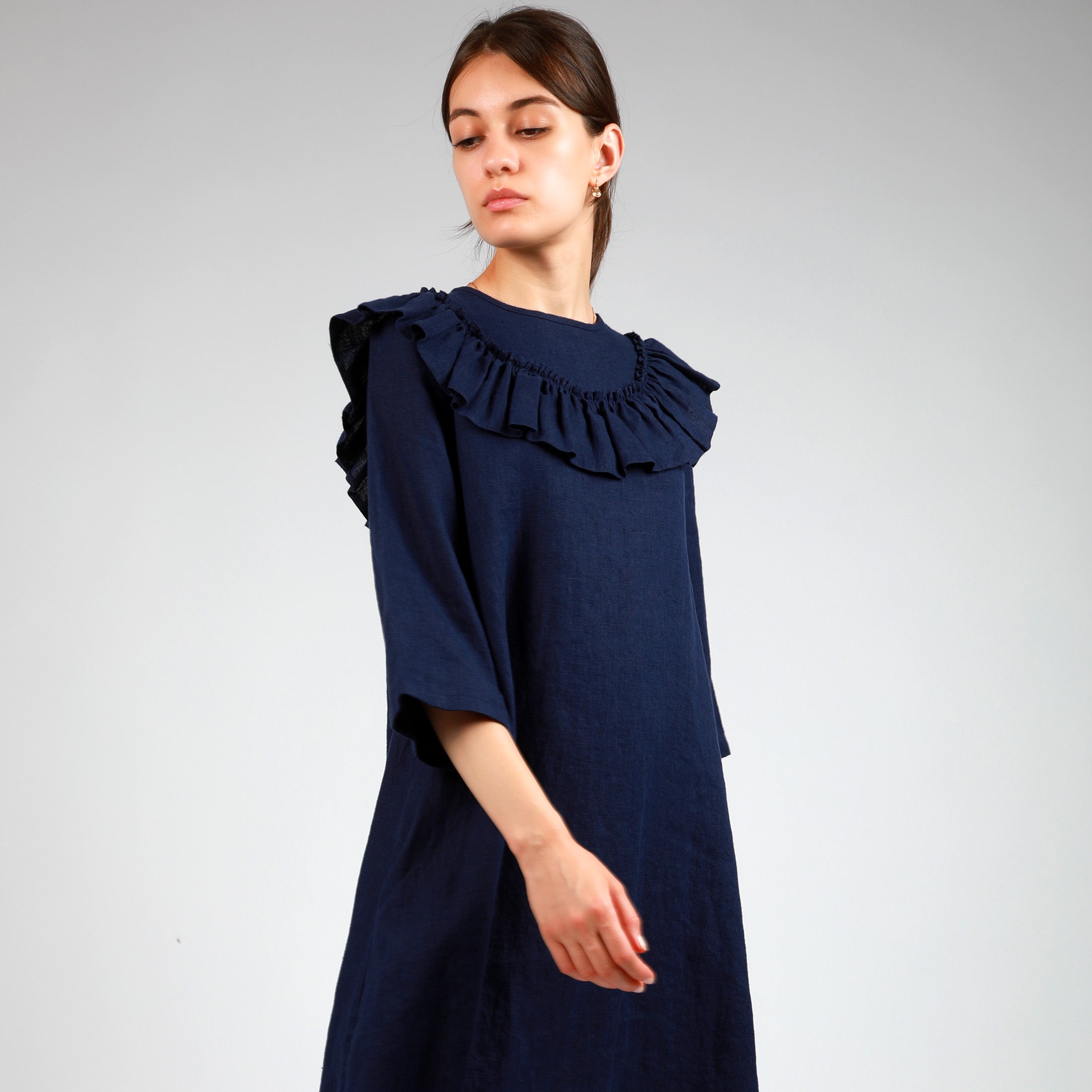 KIRA Linen Dress with Ruffles, Size S, Color DARK BLUE