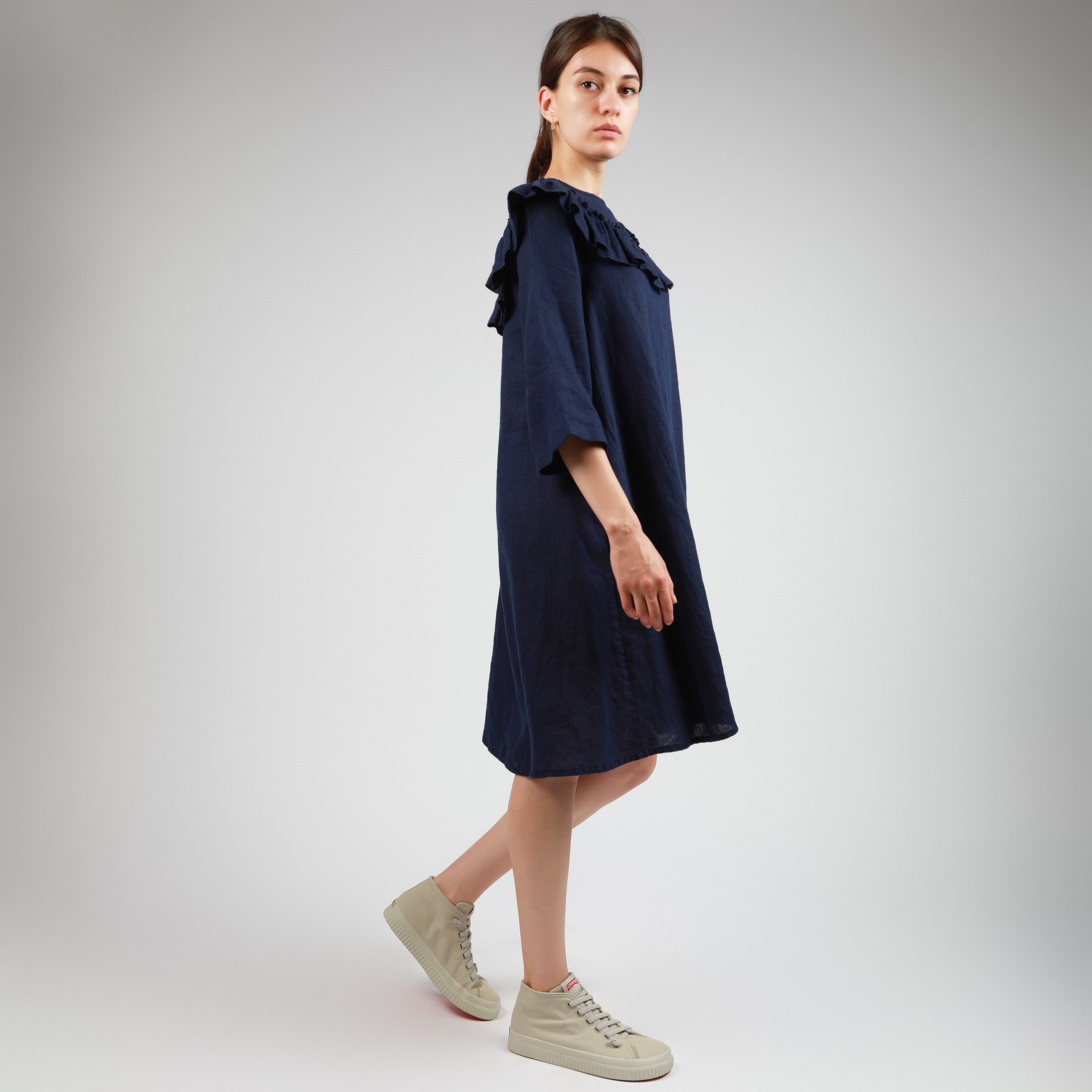 KIRA Linen Dress with Ruffles, Size S, Color DARK BLUE