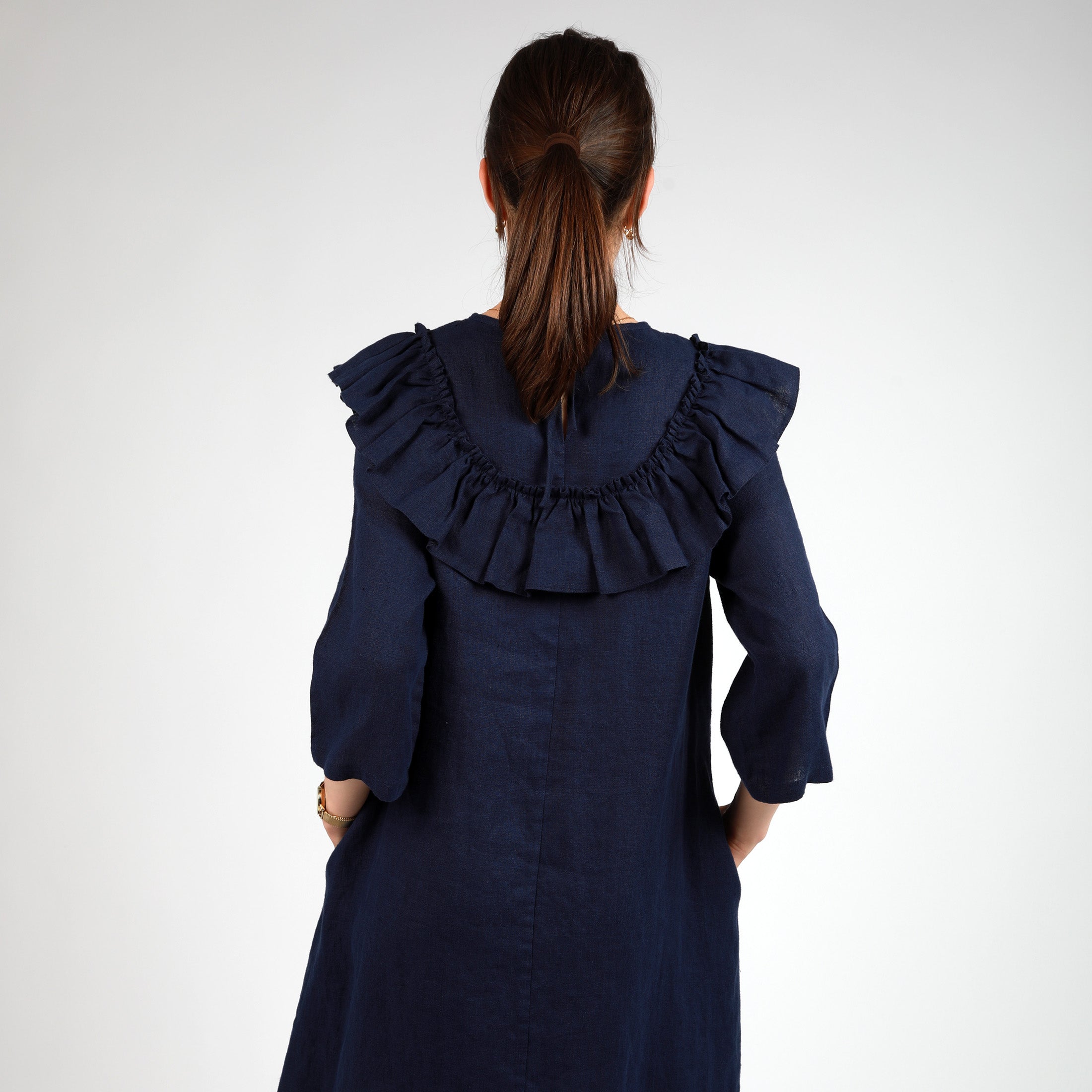 KIRA Linen Dress with Ruffles, Size S, Color DARK BLUE