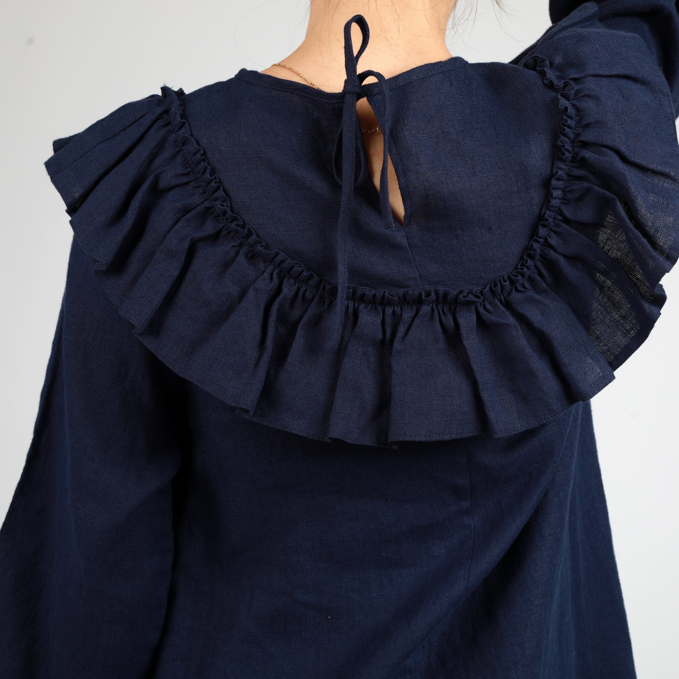 KIRA Linen Dress with Ruffles, Size S, Color DARK BLUE