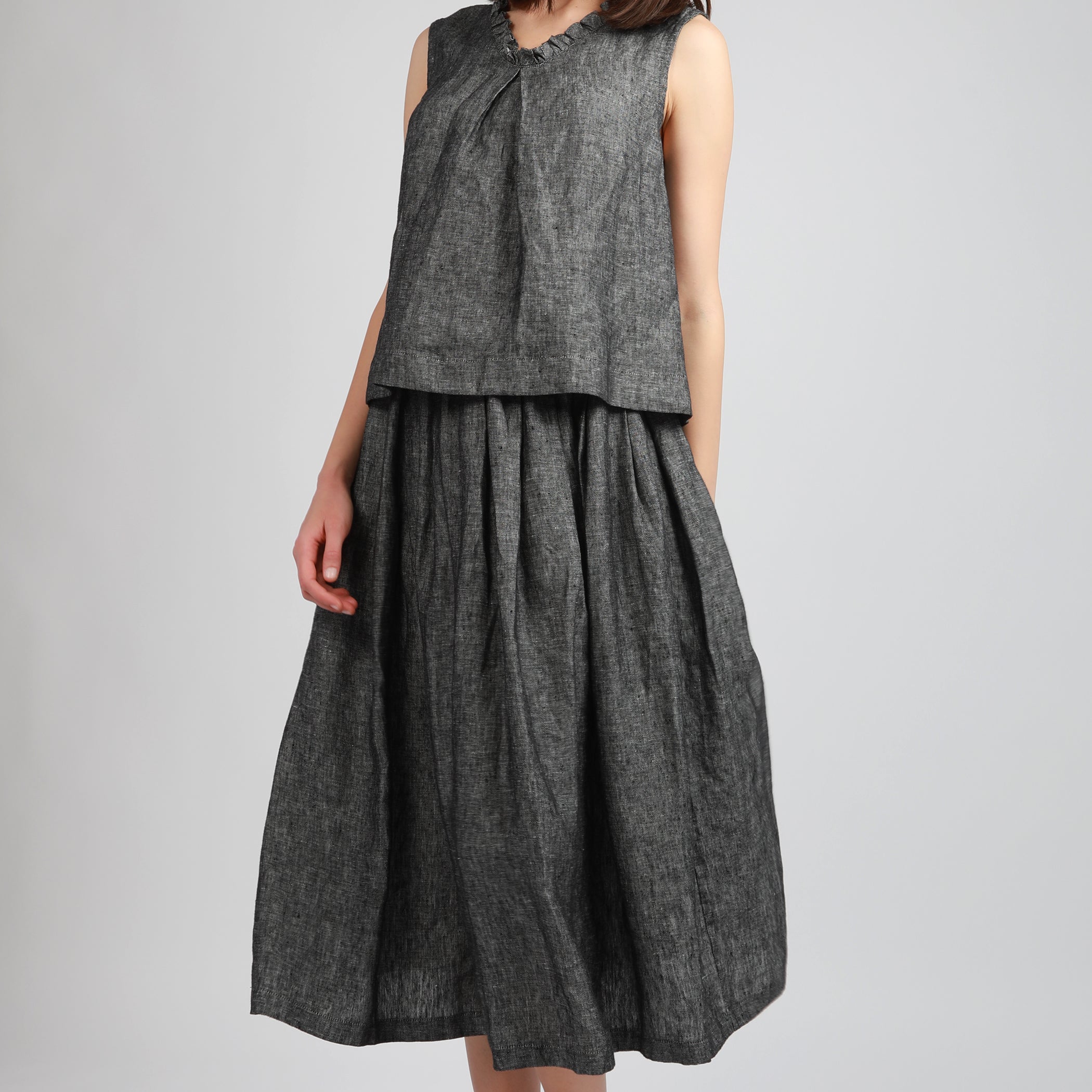 MIMI Pleated Midi Linen Skirt - Size L - Color BLACK HERRINGBONE