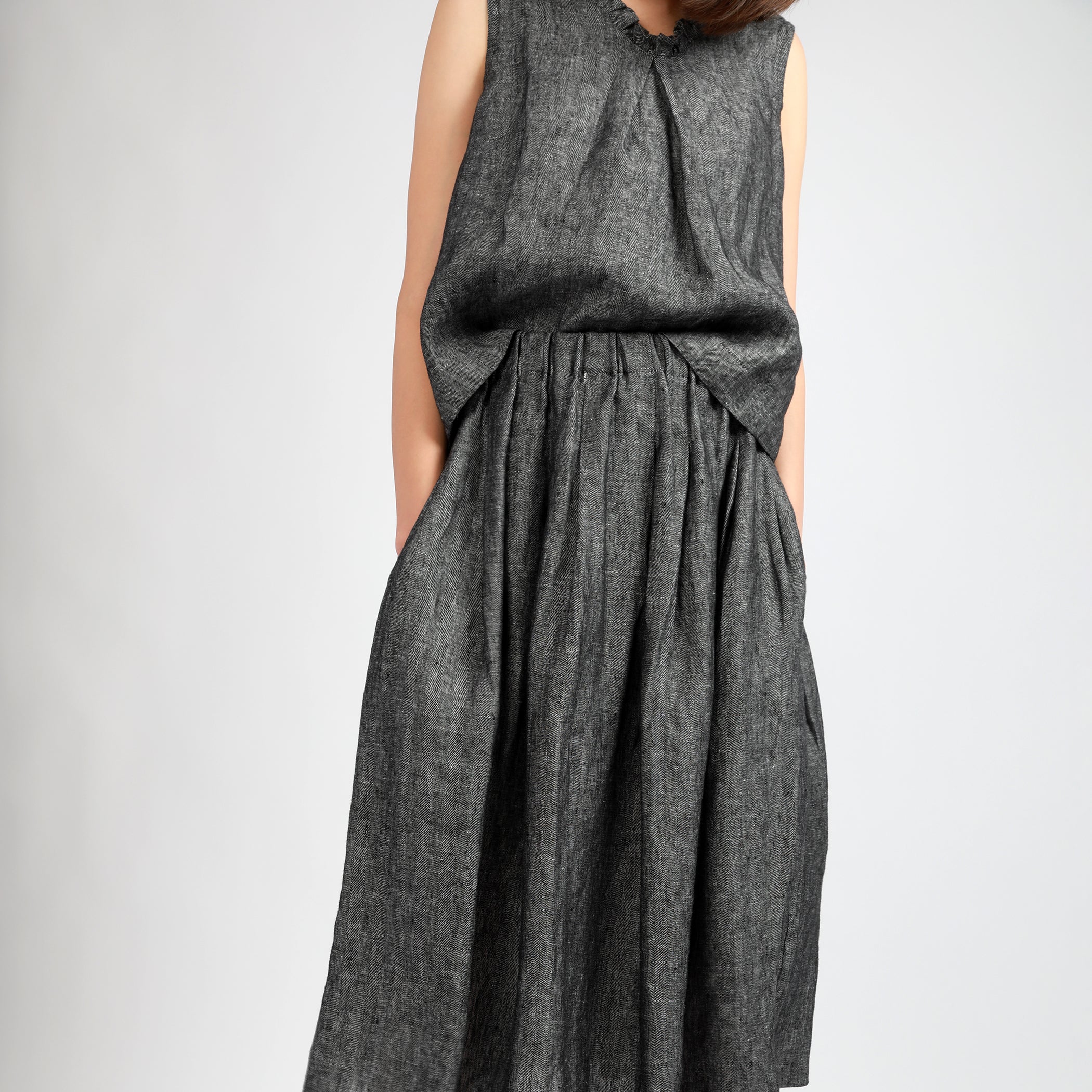MIMI Pleated Midi Linen Skirt - Size L - Color BLACK HERRINGBONE