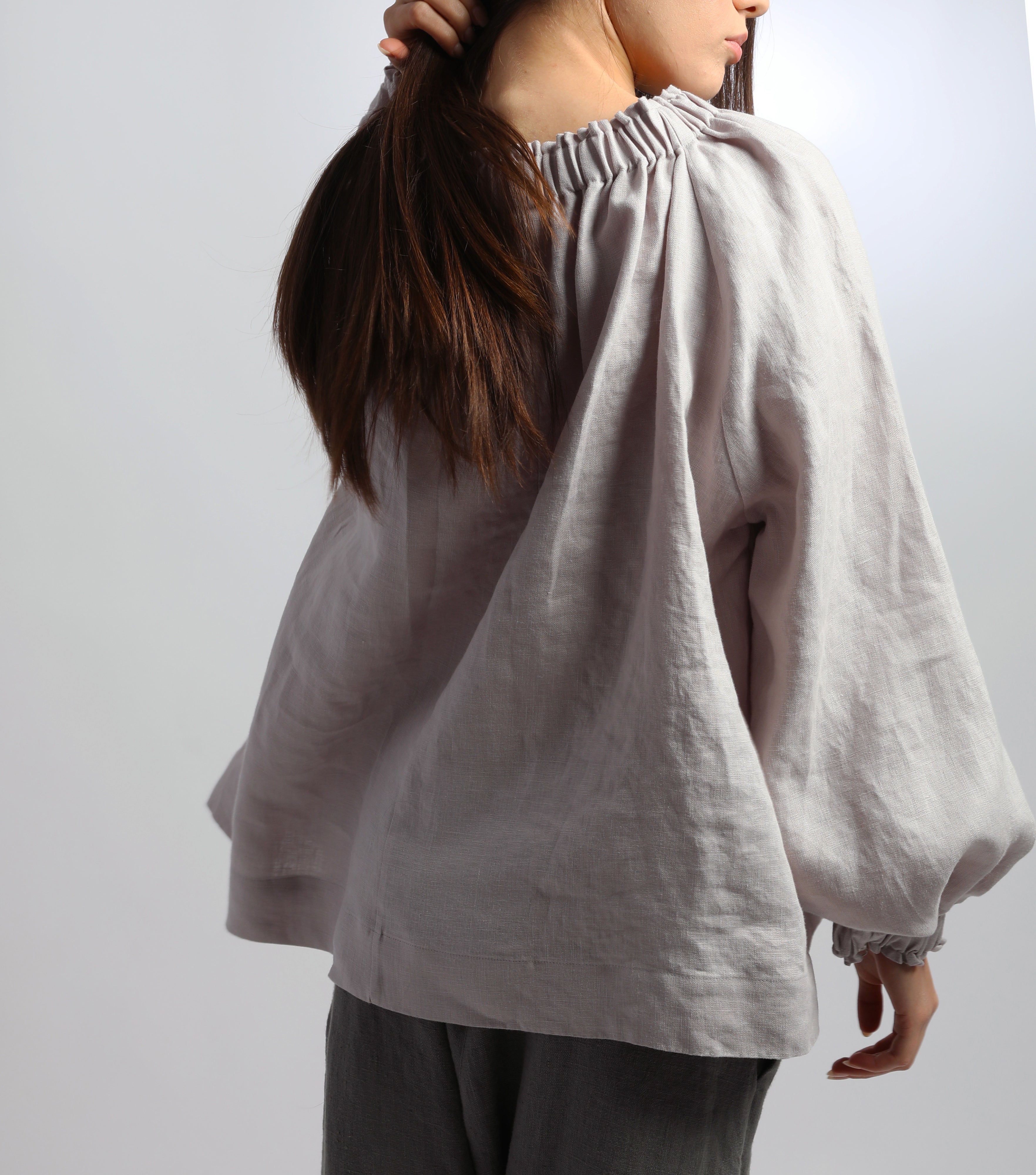 ARIEL Puff Sleeve Linen Blouse with Gathered Neck